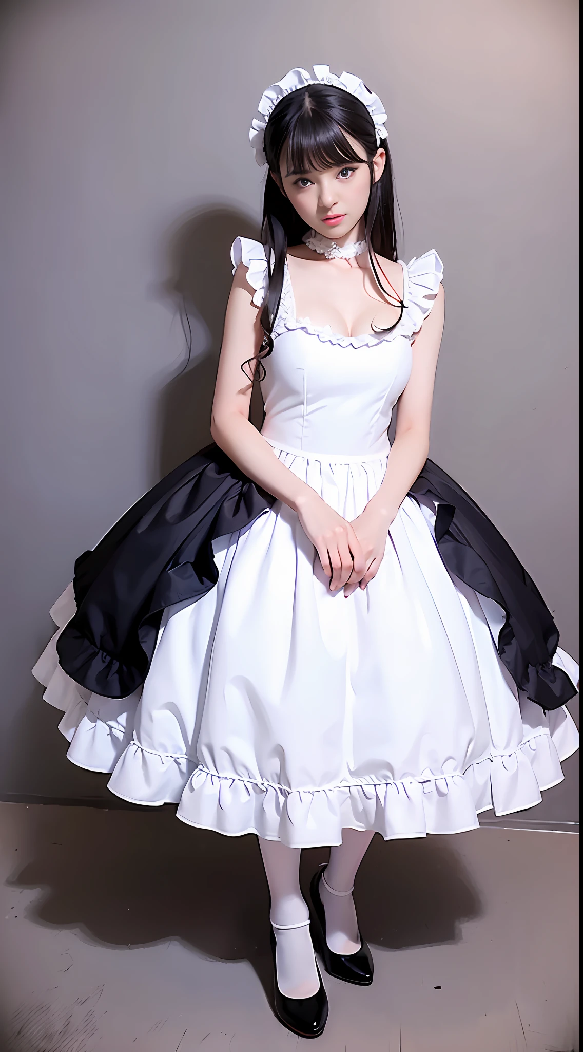 Adult woman in white dress and black shoes posing for photo, Full body!!, maid dress, Lolita style white one-piece dress, angelic pretty, A dark-haired、pale-blue、White ruffled socks