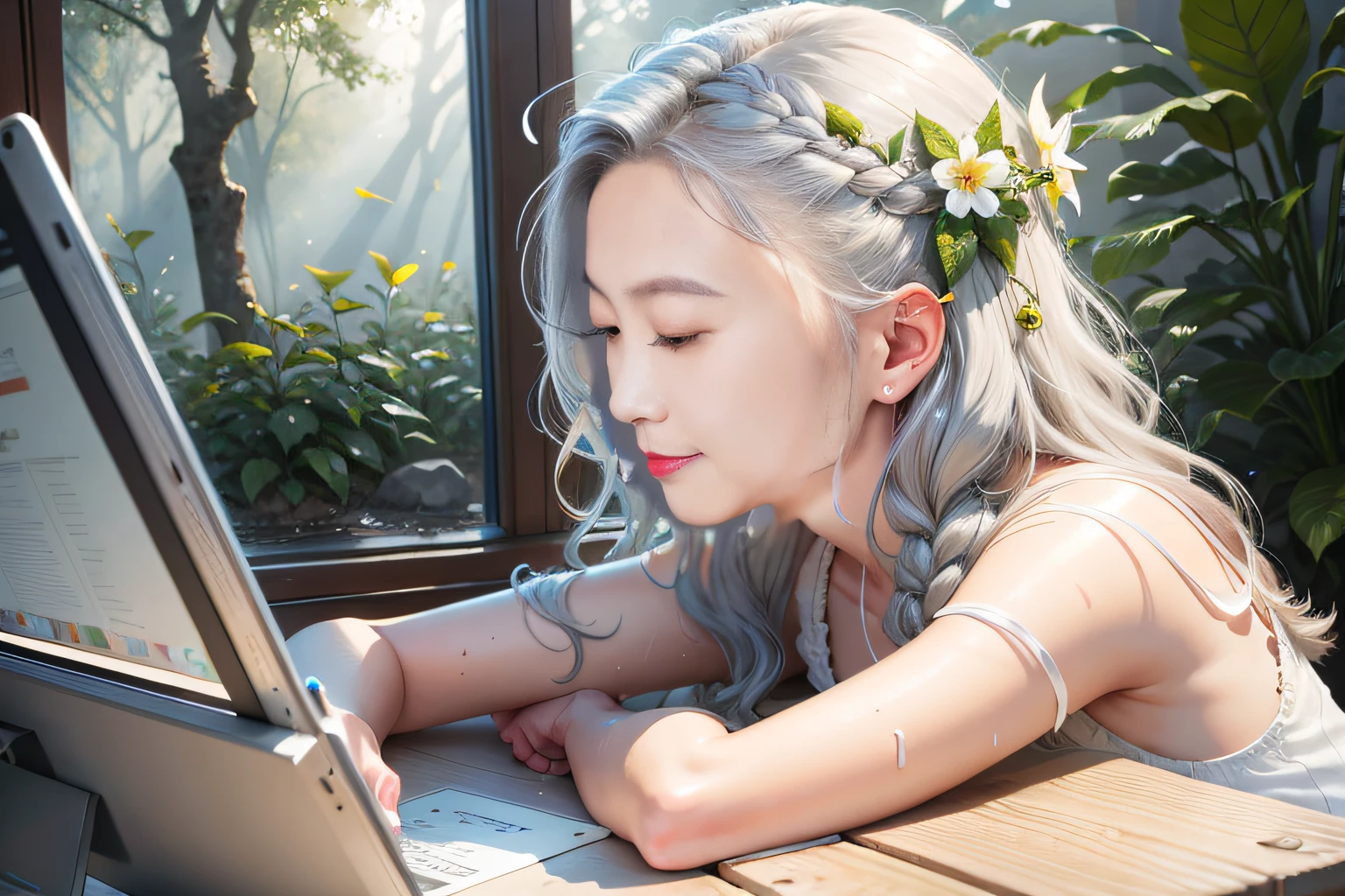 Close-up portrait of delicate loose hair in silver gray，Braided a lot，ln the forest，Mud pools， Struggling in yellow mud，sludgy，goopy，Foliage，tree branch，（The light from the back window is backlighted）， Realistis， tmasterpiece， highest  quality， lens flare glow， shadowing， blooms， [[color difference]]，JeremyLipking，Antonio Manzanedo，digitial painting，