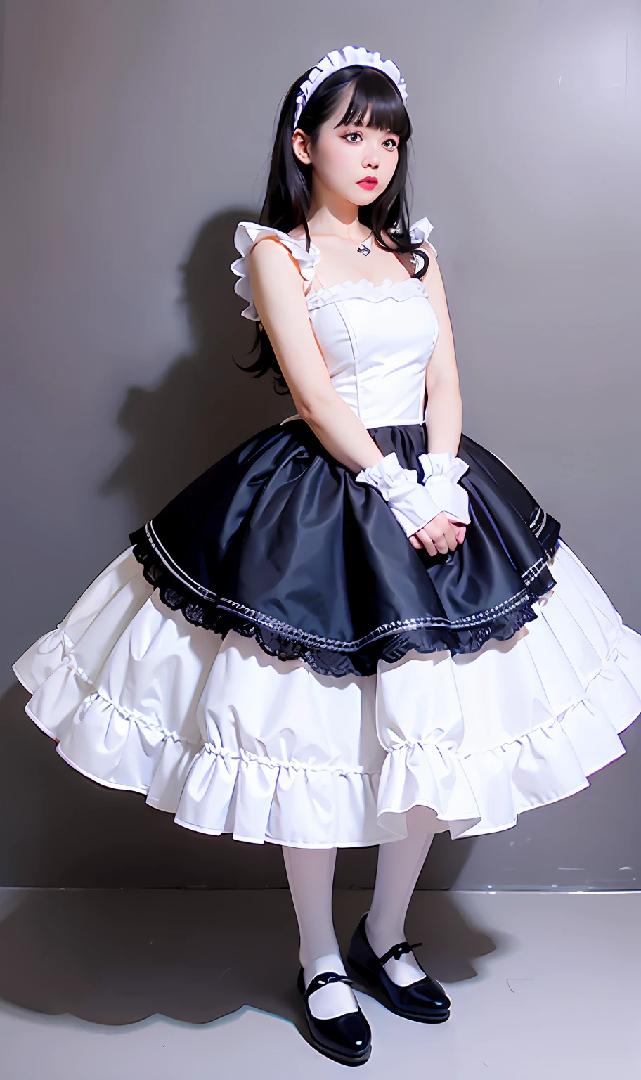 Adult woman in white dress and black shoes posing for photo, Full body!!, maid dress, Lolita style white one-piece dress, angelic pretty, A dark-haired、pale-blue、White ruffled socks