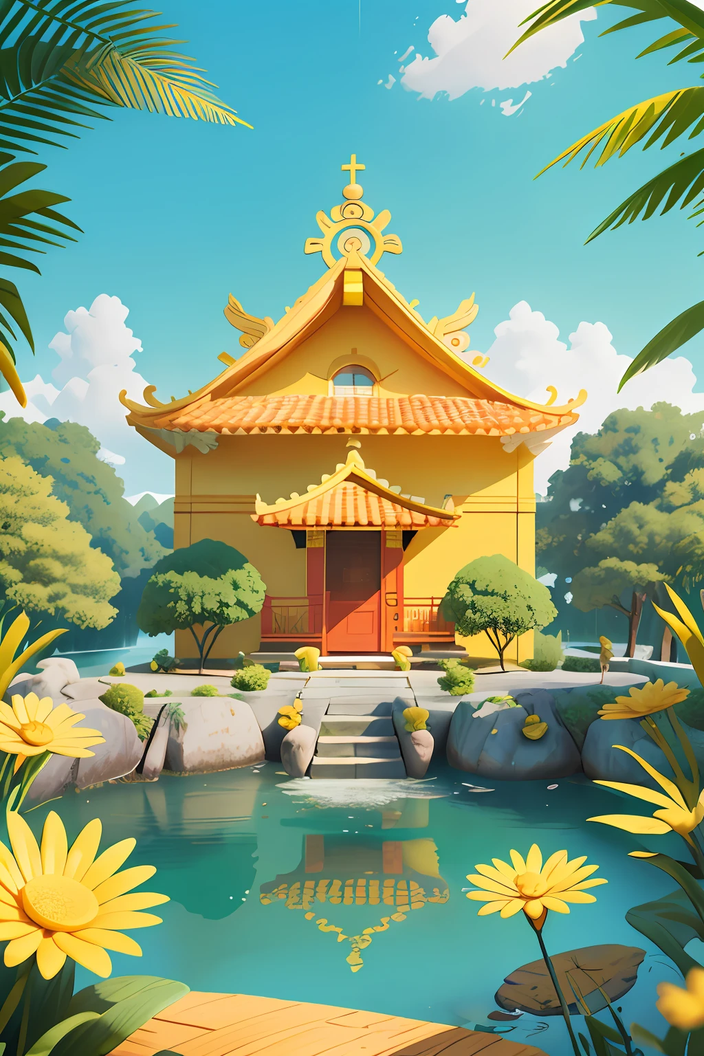 Poster design, (SFW), barco amarelo, arquitetura chinesa tradicional amarela, background is a small river, qualidade perfeita, Clear focus, colorido, detalhes complexos, angle of view ultra-low, lente grande angular, fundo limpo, distant composition,