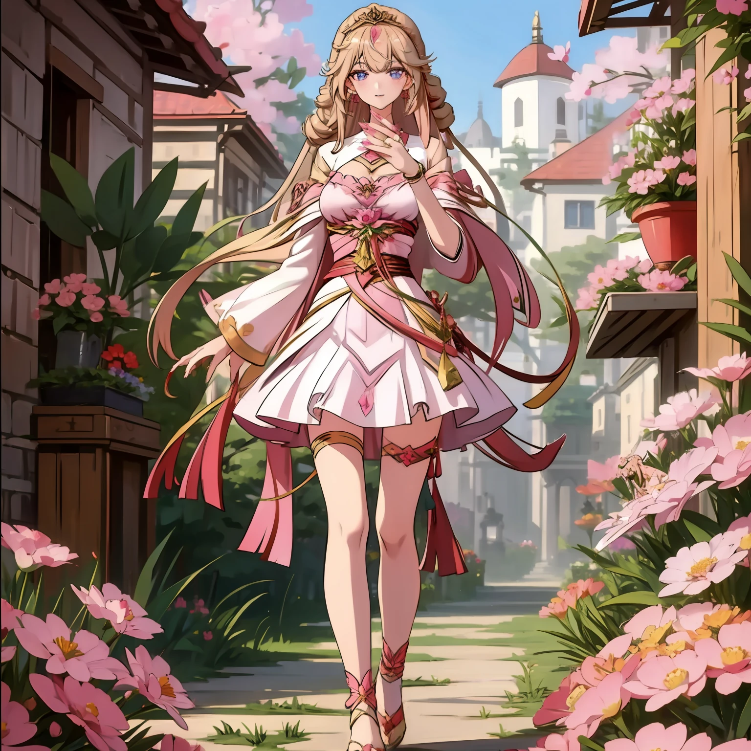 Woman, Standing On village, holding flower, beautiful face, full body, perfect face, long hair, pink nails, beautiful eyes, masterpiece, best quality, fix hands