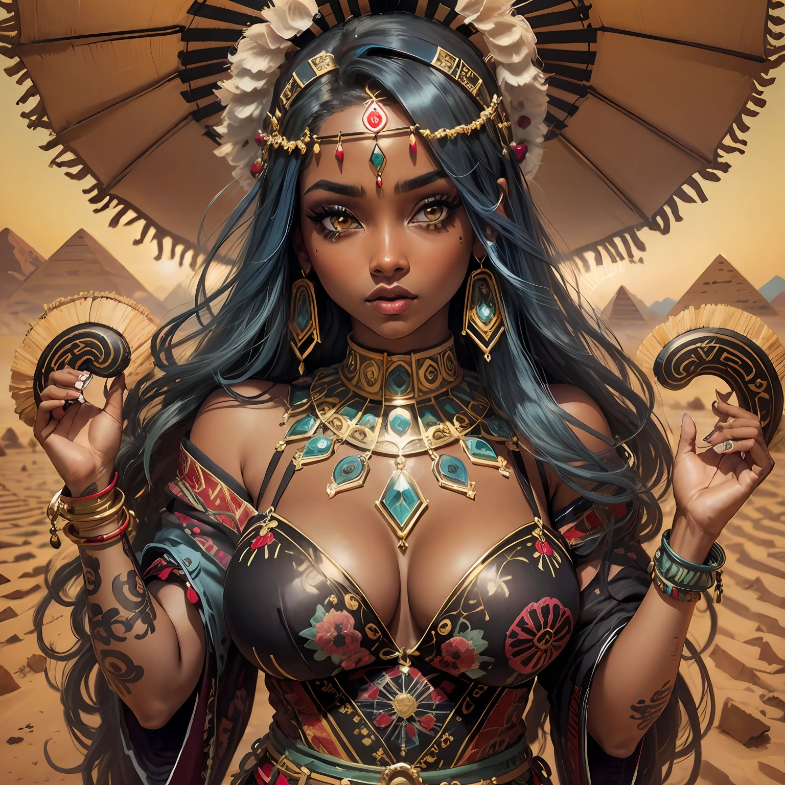 (masterpiece: 1.2), (best quality: 1.2), breasts in large evidence, perfect eyes, perfect face, perfect lighting, photo shoot, 1girl, mature female wearing SSAHC, SSAHC, dark skinned, colorful tribal dress, headdress, thick eyelashes, makeup, eyeshadow, medium hair, oasis, desert with pyramids detailed outdoor background