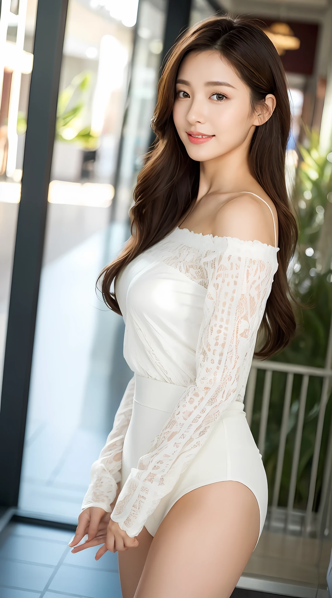 Girl about 25 years old, mature, extremely beautiful and delicate, (light makeup), long brown hair, sweet smile, delicate and beautiful fair skin, realistic and realistic, delicate and complete facial features, detailed facial portrayal, high nose bridge, red lips, beautiful gentle and mature, flowing smooth hair, extremely delicate hair, soft temperament, face light, surreal, realistic, 8K picture quality, extreme details, realistic details, master works, realistic extreme, body, absolutely beautiful, pure desire, stunning beauty, peerless beauty, the highest picture quality, 8k resolution, goddess, smile, fine facial features, hair over the shoulder, brown hair, long thick legs, sunshine, facing the camera, well-proportioned and firm figure, gentle eyes, exposed thighs, standing posture, in the mall, full body photo, open show nipples,