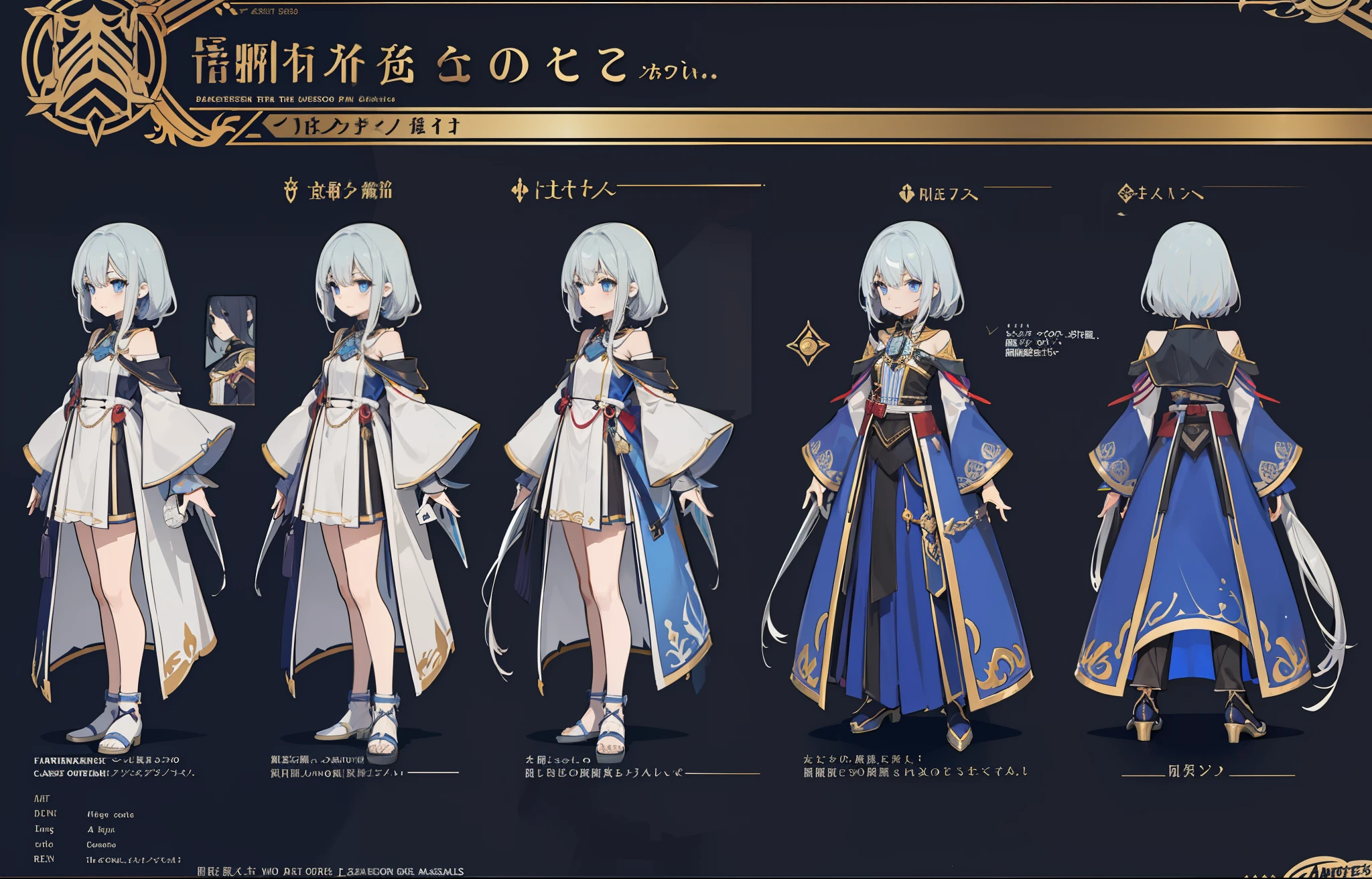 1人, reference sheet, (Fantasy character design, Front, back, Side) Feminine, assassins, Dark device users, Petite in stature, Weak and boneless. magical blue eyes, cabelos preto e longos, neatly kept. Skinny assassin costume.