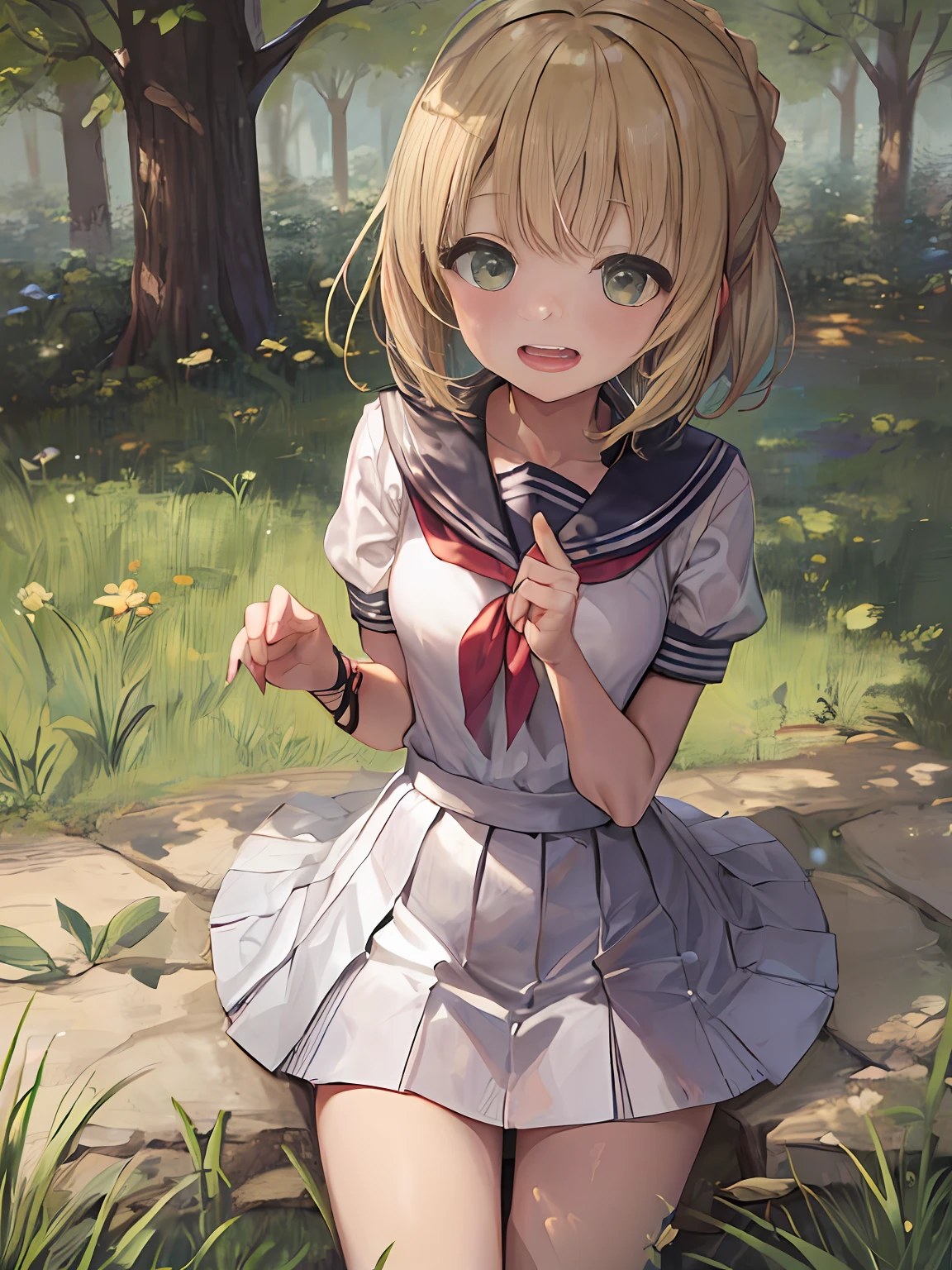 1 girl,****,petite,medium breasts,cone breasts,thin waist,short hair,blush,embarrassed,happy,sweat,Artoria Pendragon,blonde hair,green eyes, ahoge,white  serafuku,white mini pleated skirt,clothed