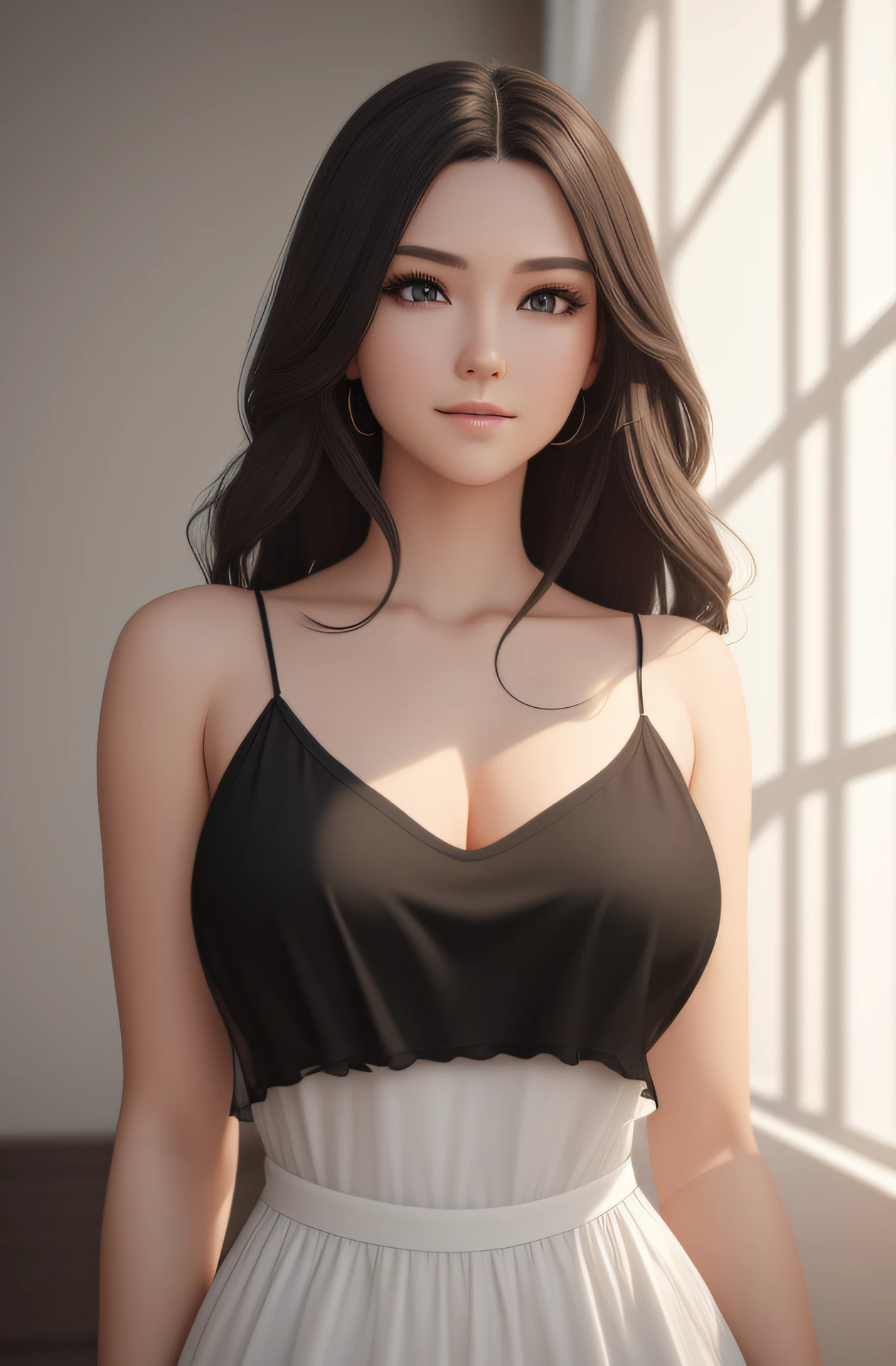 She stares at us.Staring at me、 ealistic light, Pretty Lady,20yr old, cute  face, Face to knee upscaling、A bright face with lowered eyes and a smile, slick skin, Dark hair、Black Eyes Portrait Painting, Shine a soft light from the front of the face, Simple Camisole Dresses, Top, hyper detailed painting, large full breasts, see-through camisole dresses, Portrait composition, looking in camera, Blurring, 16 K, 3d rendered, octane renderings, intricate-detail, 8k post-production, Full-length portraits, fully body photo, 8K UHD、​masterpiece、super fine details