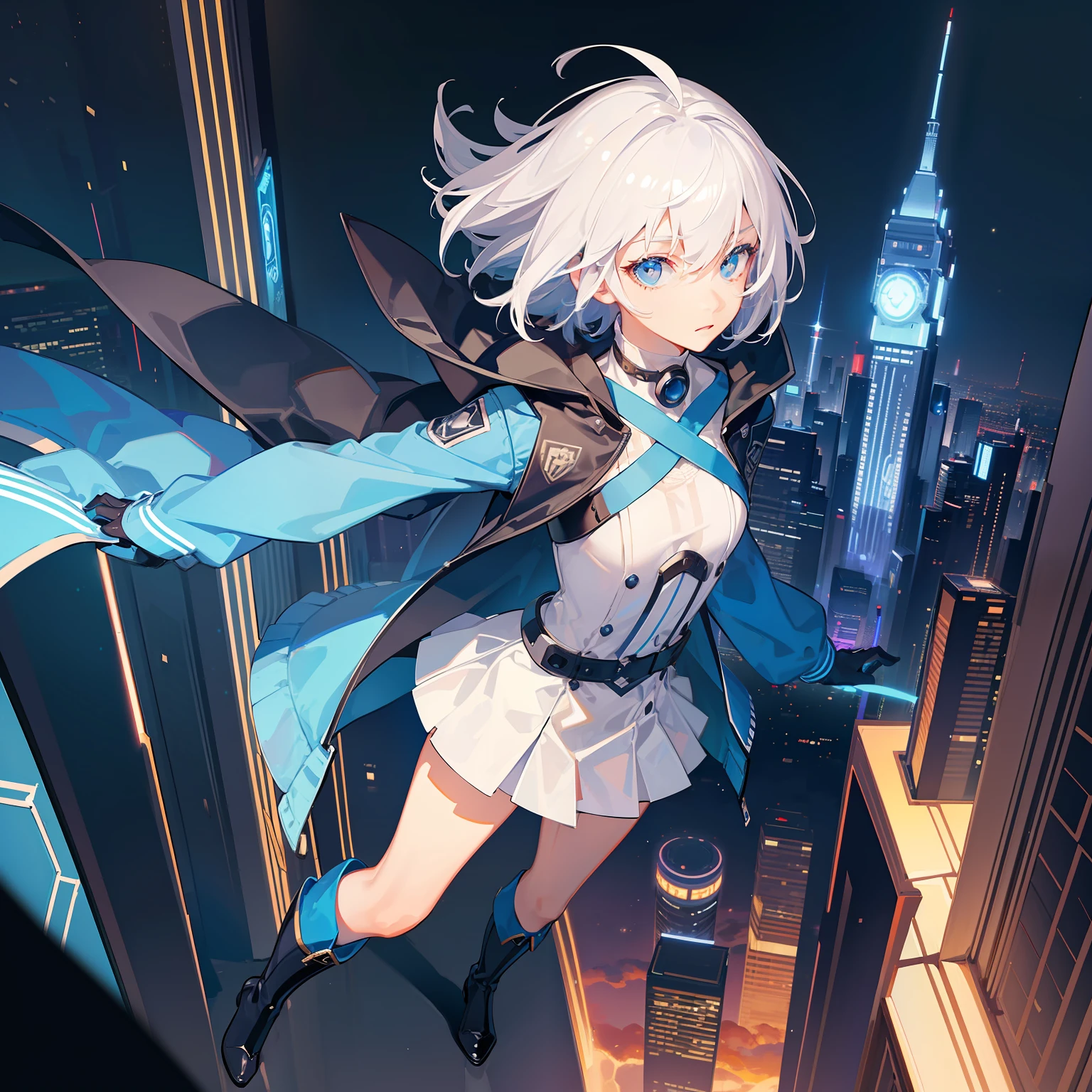 (masterpiece:1.2), best quality,realistic,Elaina,
Cyberworld,1girl, letterboxed, solo, white hair, scenery, short hair, jacket, science fiction, holding, holographic interface, city, blue jacket, gloves, city lights, long sleeves, looking up, cityscape, boots, building, night, from above