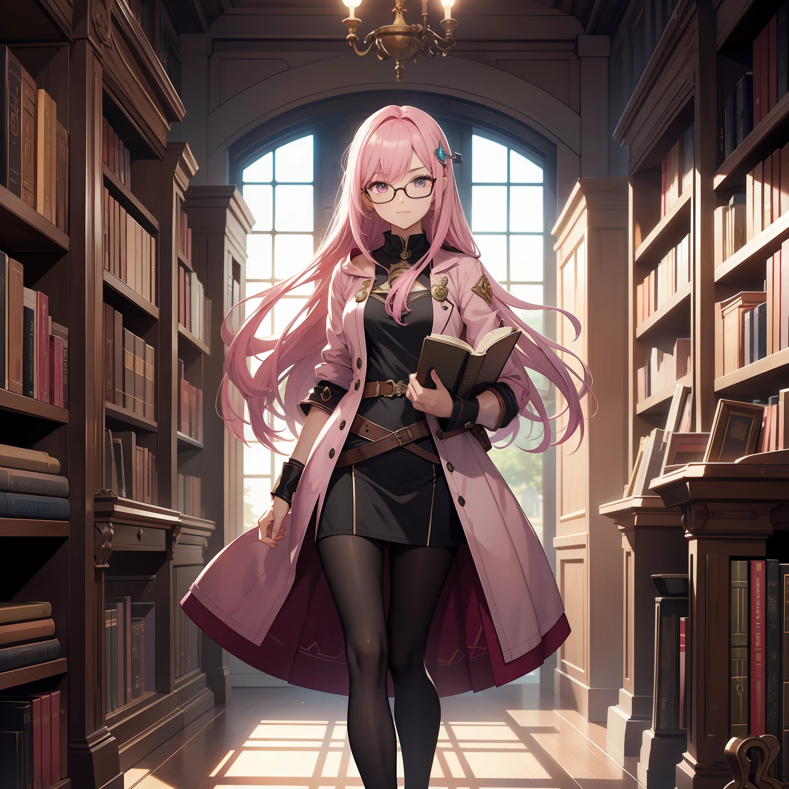 there is a woman pink hair with glasses standing in a library holding a book, alchemist library background, rpg book portrait, library of ruina concept art, alchemist girl, standing inside a magic library, artwork in the style of guweiz, librarian, the librarian, atelier lulua, cushart krenz key art feminine, dusty library, full-body character portrait, official character art