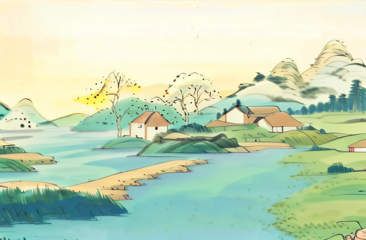 There is a picture of a painting of a rural landscape, distant village background, Landscape illustration, of a small village with a lake, illustration!, anime countryside landscape, soothing and cozy landscape, animation illustrative style, random background scene, animated still, inspired by Emiliano Ponzi, Countryside, serene illustration, environment design illustration, in a scenic background, landscape in background