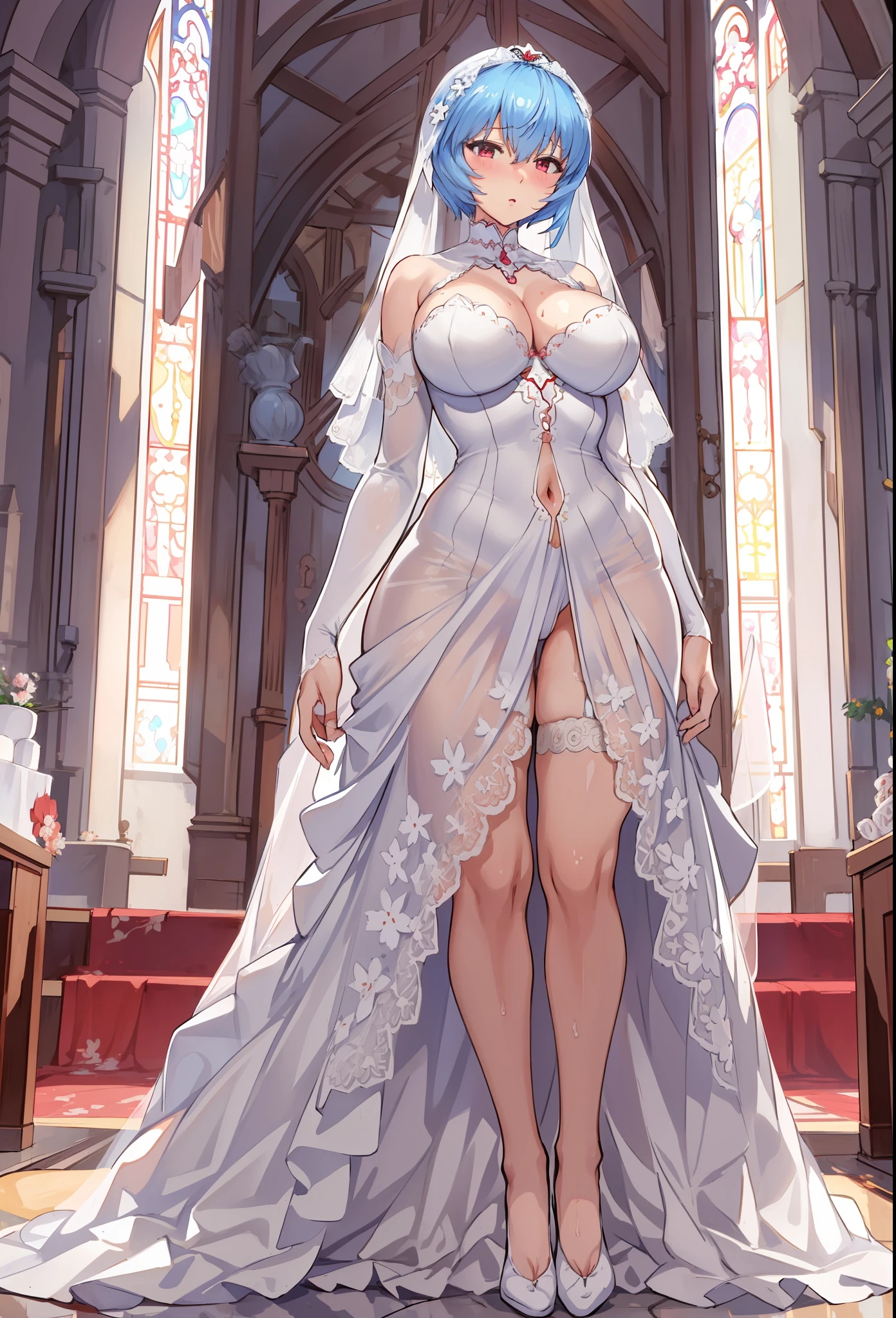 Masterpiece,Best Quality,1girl,独奏,ayanami_rey_Mogudan,Huge_pectorals,wide hips,thick-thighs,(Wedding dress with lace trim,cleavage),expressionless,blusher,hands on breast,Indoors,church,erotica, Sex, wet clothing