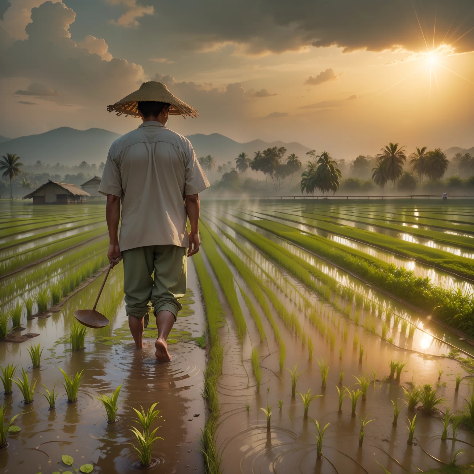 Farmers plant in rice paddies, The sun is big above, The farmer was covered in sweat, high details, textured skin