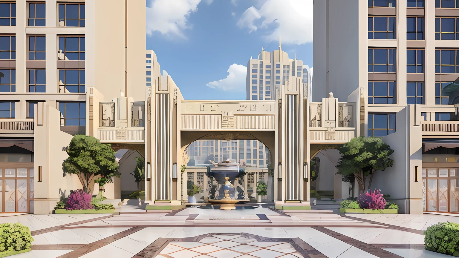 There is a large courtyard with a fountain and a building in the background, background art deco palace, architectural 3 d render, Realistic Art Deco, building rendering, art deco buildings, render in unreal engine 5, CG rendering, 2 d cg, precise architectural rendering, highly detailed render, Game CG, Beautiful rendering of the Tang Dynasty, 3D CG, 3 D CG