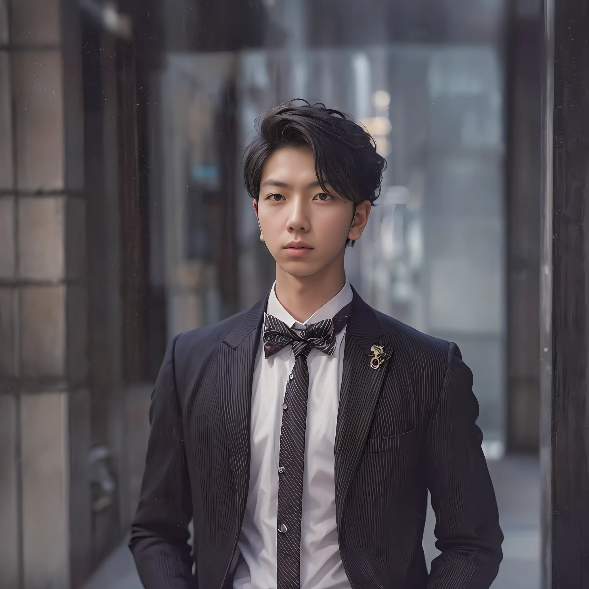 "an asian young man, wearing a stylish and sophisticated gentleman suit"