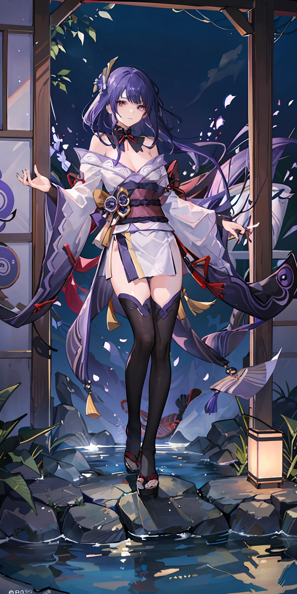 1girll, Full body like，Purple hair, long whitr hair，Messy hair，semi transparent，Disdainful expression，Purple eye, sportrait, photorealestic, Towels, (Onsen), side-lighting, the wallpaper, NSFW,Raiden Shogun