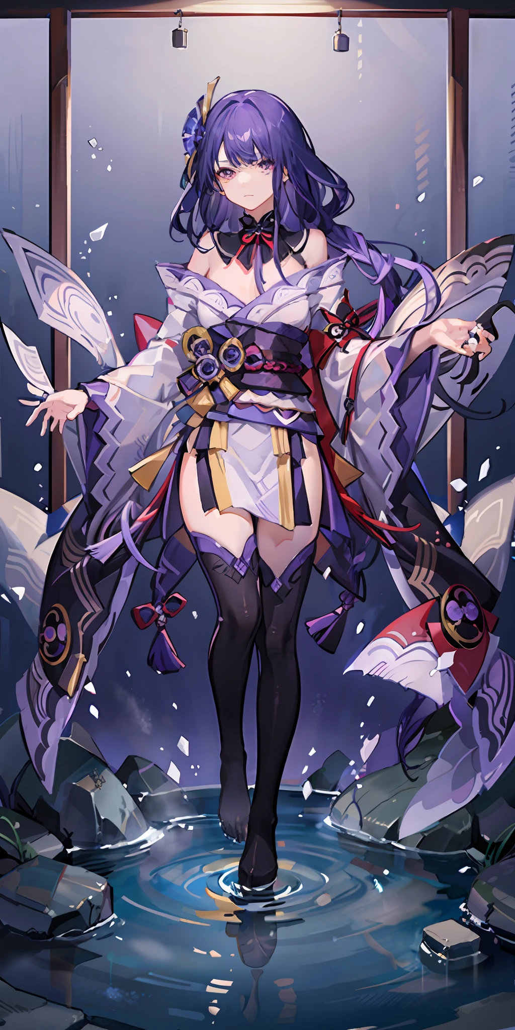 1girll, Full body like,Purple hair, long whitr hair,Messy hair,semi transparent,Disdainful expression,Purple eye, sportrait, photorealestic, Towels, (Onsen), side-lighting, the wallpaper, NSFW,Raiden Shogun