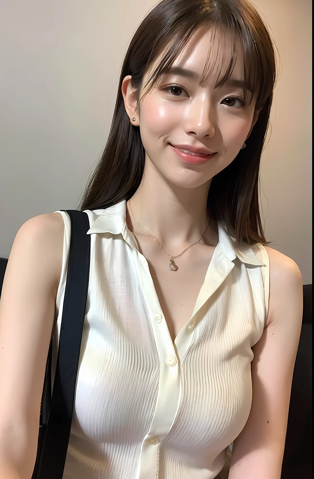 ((8K:1.27)、top-quality、​masterpiece、超A high resolution:1.2)Photo Beautiful Japan woman (pleasing:1.1) (White polo shirt clothes:1.21) Design by Gregg Lutkowski and Alphonse Mucha Intricate Elegance、Fantasia、the detail、Geometry、Gradient lighting、1girl in、26 year old、Delicate skin、looking at the spectator、Brown-eyed、(short flaxen hair:1.2)、(tiny chest:1.0)、(medium areola:0.8)、(Photorealsitic:1.4)、(top-quality:1.0)、(超A high resolution:1.0)、(without hands:1.0)、8K、Raw photography、 (Representative songs: 0.2), (pureerosface_v1:0.5)、Tight clothes、Tight clothes、tote bags、Sleeveless、Onepiece、Sleeveless、see -through、Laugh、a necklace、Linen material、The shirt、Ginza 4-chome、After work、early evening、Business Fashion、Parted bangs、Hair is tied up、Close-up hairstyle、Gentle smile、Lapel Rack、up chest、You can clearly see the shape of small breasts、