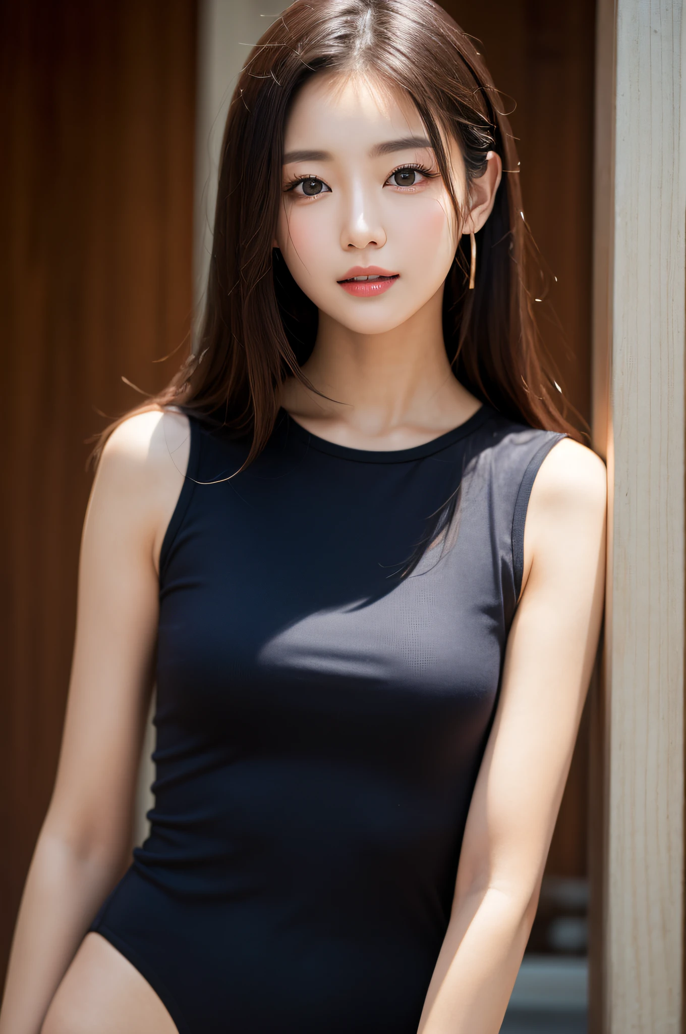 ((best qualtiy、8k masterpieces:1.3))、foco nítido:1.2、(ultra beautiful faces:1.0)、(Slender Abs Beauty:1.0)、(shinny skin:1.0)、photos realistic、A dark-haired、Video Lighting、High-definition eyes and face、Video Lighting、(cowboy shot:1.3)、White swimwear、(Korean Cute Actress)、from the front side、medium large breasts、A slight smile、Sleeveless