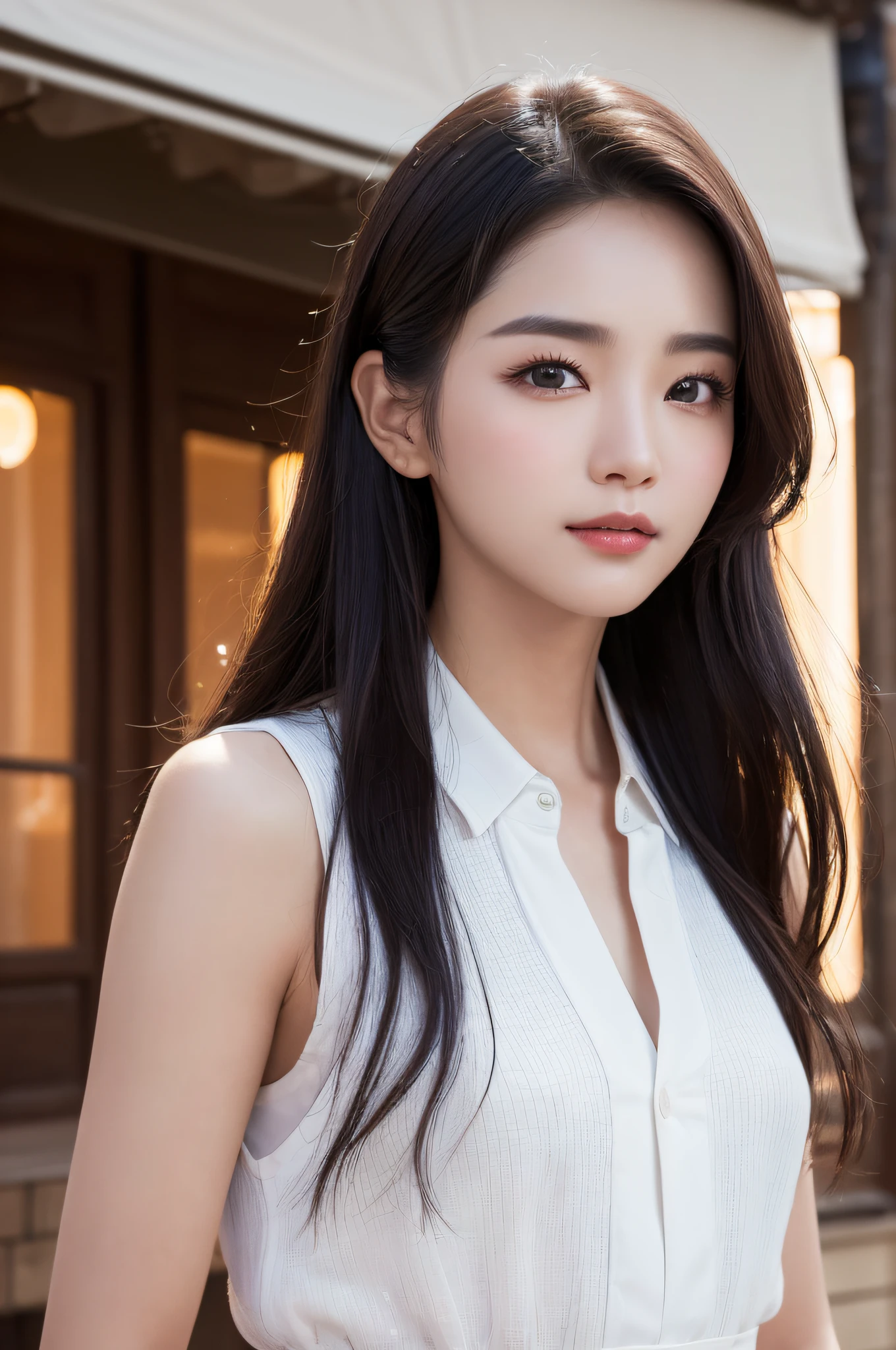 ((best qualtiy、8k masterpieces:1.3))、foco nítido:1.2、(ultra beautiful faces:1.0)、(shinny skin:1.0)、photos realistic、A dark-haired、Video Lighting、High-definition eyes and face、Video Lighting、(cowboy shot:1.3)、(Korean Cute Actress)、from the front side、medium large breasts、ssmile、Sleeveless、Wearing a white blouse