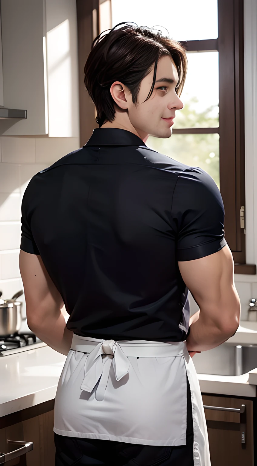((Men only)), (Back view), (Handsome muscular man in kitchen apron), Mischievous smile, (detaile: 1 in 1), Natural muscles, HIG quality, beautidful eyes, (Detailed face and eyes), (Face、: 1 / 2), Noise, Real Photographics、... ........................................................................................PSD, Sharp Focus, High resolution 8K, realisitic & Professional Photography, 8K UHD, Soft lighting, High quality, Film grain, FujifilmXT3