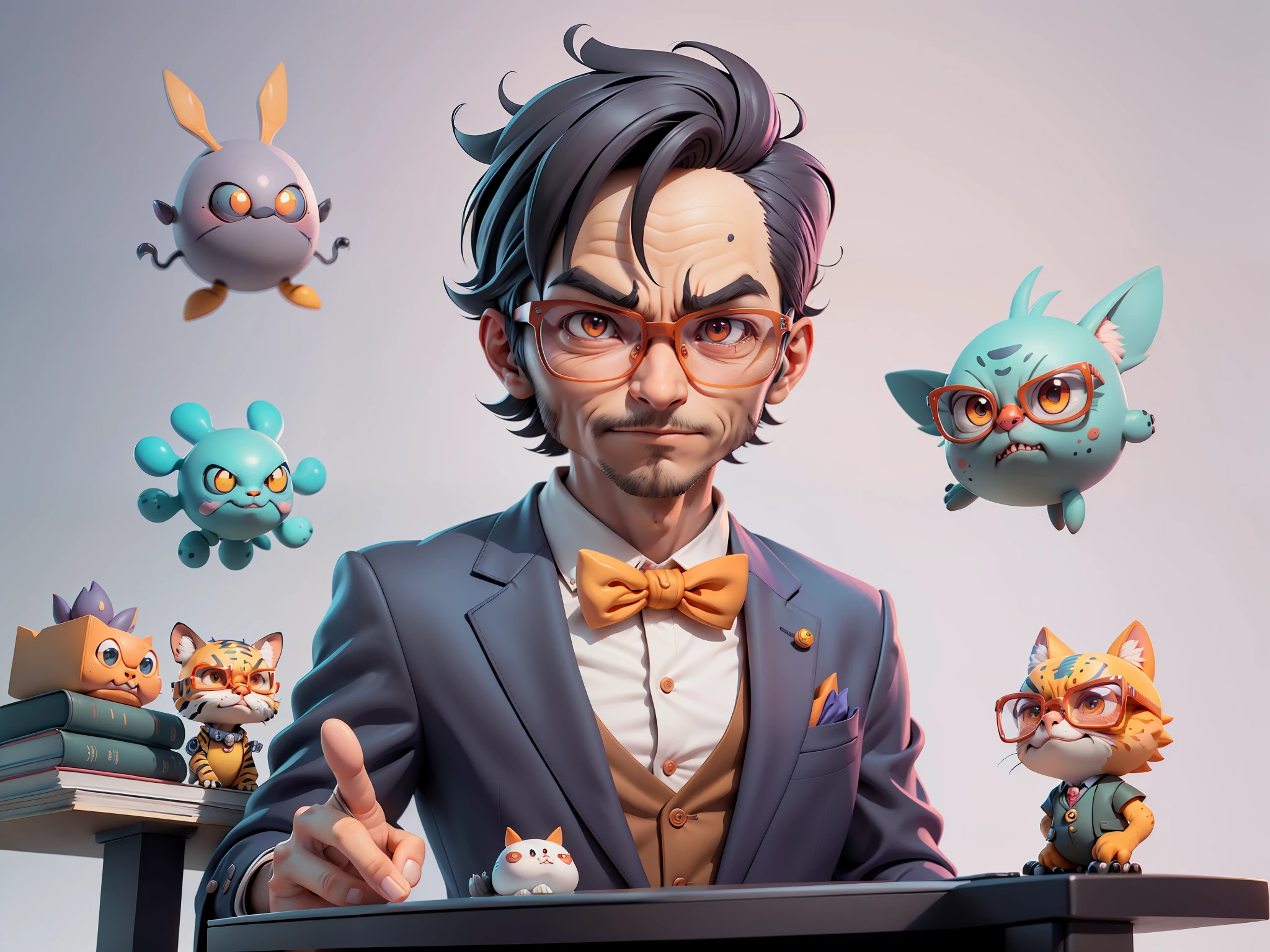 A young man in a suit, Short hair and glasses sat at his desk，holding laptop，digitial painting，tigre，3D character design by Mark Clairen and Pixar and Hayao Miyazaki and Akira Toriyama，4K HD illustration，Very detailed facial features and cartoon-style visuals。