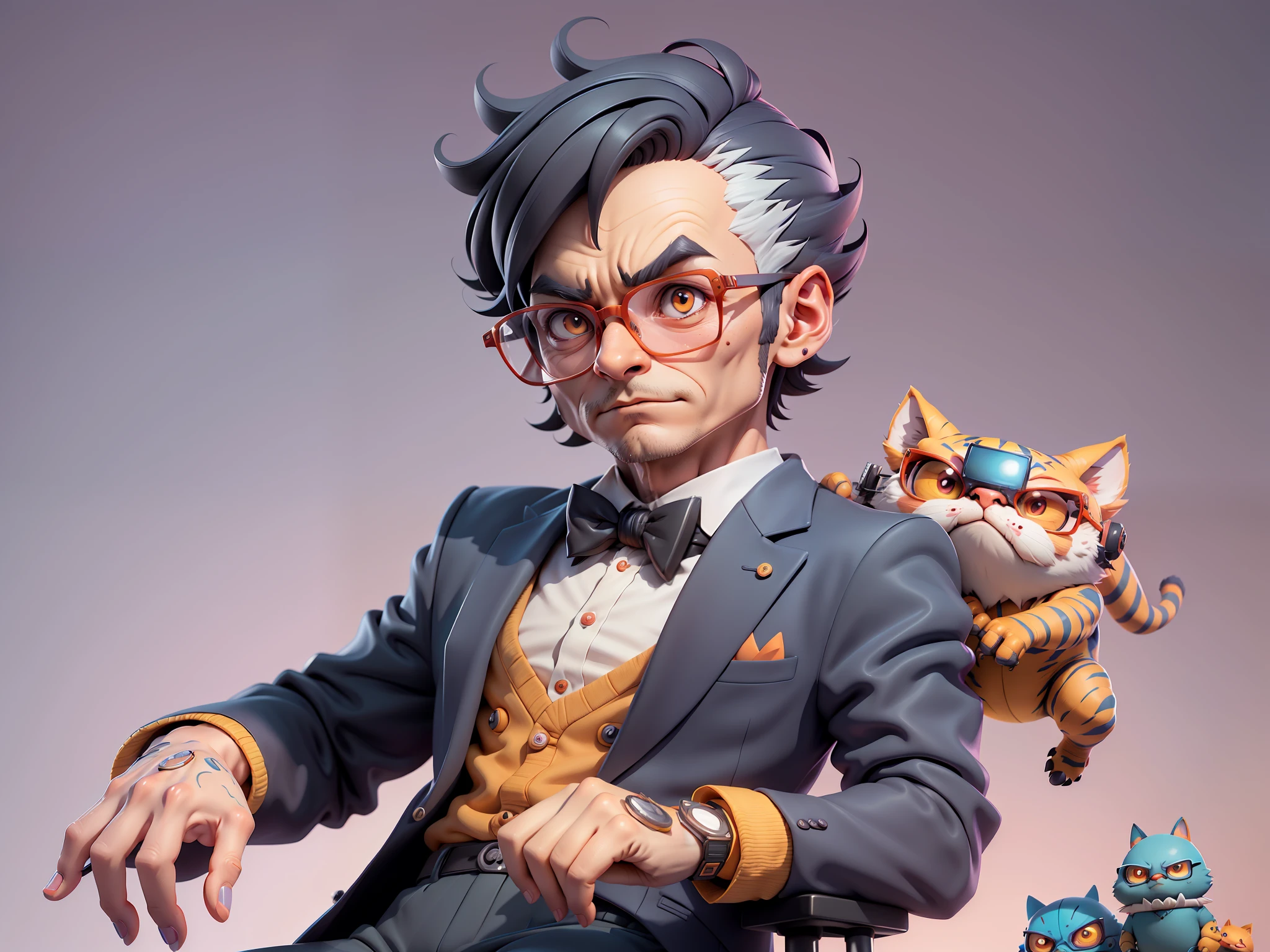 A young man in a suit, Short hair and glasses sat at his desk,holding laptop,digitial painting,tigre,3D character design by Mark Clairen and Pixar and Hayao Miyazaki and Akira Toriyama,4K HD illustration,Very detailed facial features and cartoon-style visuals。