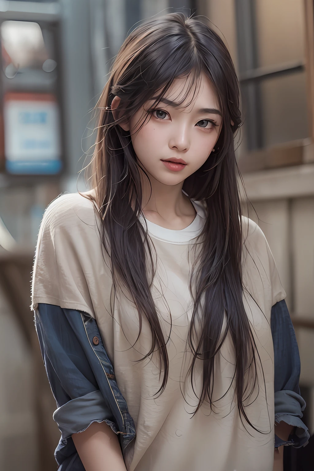 Clothed、(Photo Real:1.4)、(hyper realisitic:1.4)、(realisitic:1.3)、
(Smoother lighting:1.05)、(Improved lighting quality in movies:0.9)、32K、
1girl in、20 years girl、Realistic lighting、Back lighting、Facial light、raytrace、(Brightening light:1.2)、(Increase quality:1.4)、
(Top quality real texture skins:1.4)、finely eye、finerly detailed face、
(tired and sleepy and joy)、(laughingly:0)、close up of face、tshirts、
(Mood up the body line:1.1)、(Improve skin texture:1.1)、(twin-tail hair)、beautiful countenance、top-quality