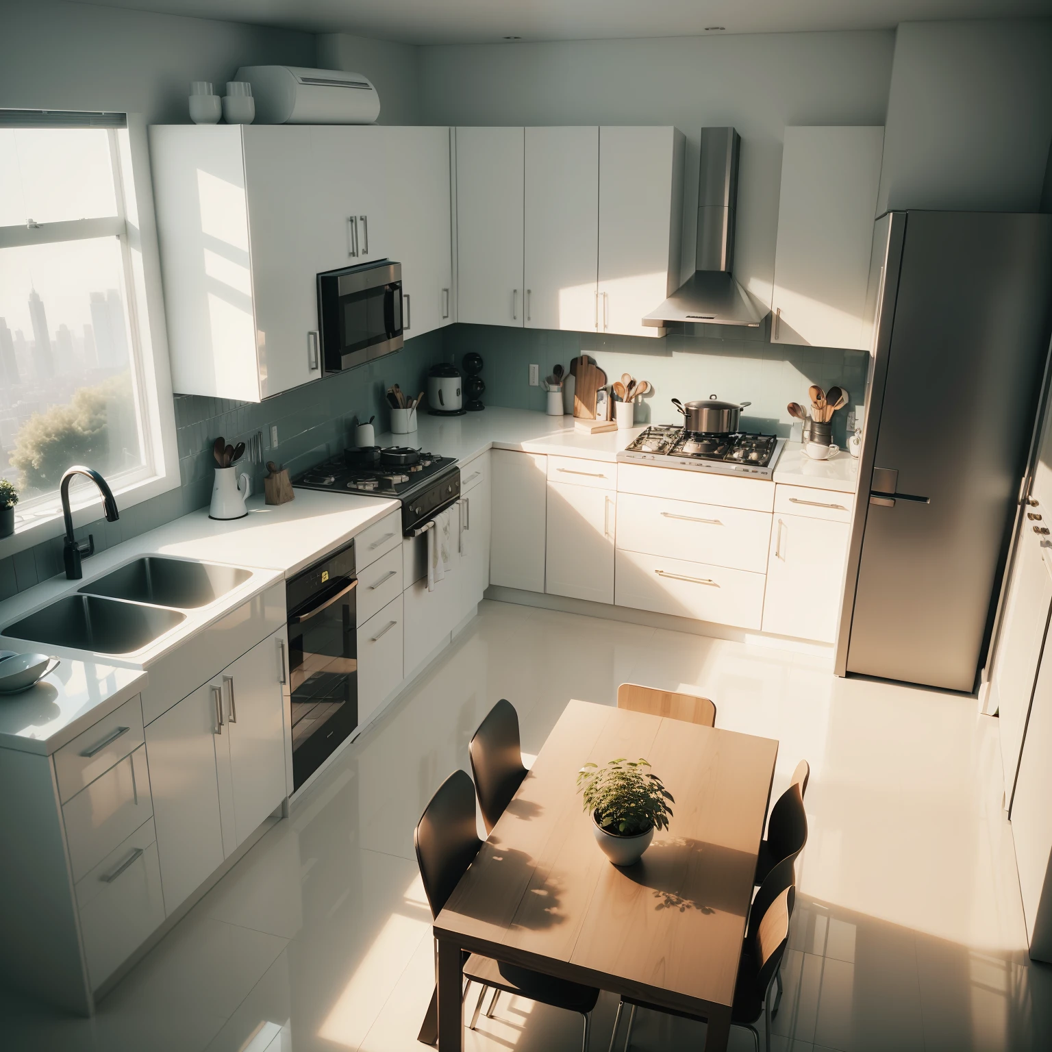 ((piece of master)), Kitchen with designed furniture , white cabinets, some advanced futuristic appliances and crockery, best quality, (8k, best quality, master part:1.2), ultra-detalhado, pequeno_cena, ..3d_cena, Interior, grande janela vista para a cidade --auto