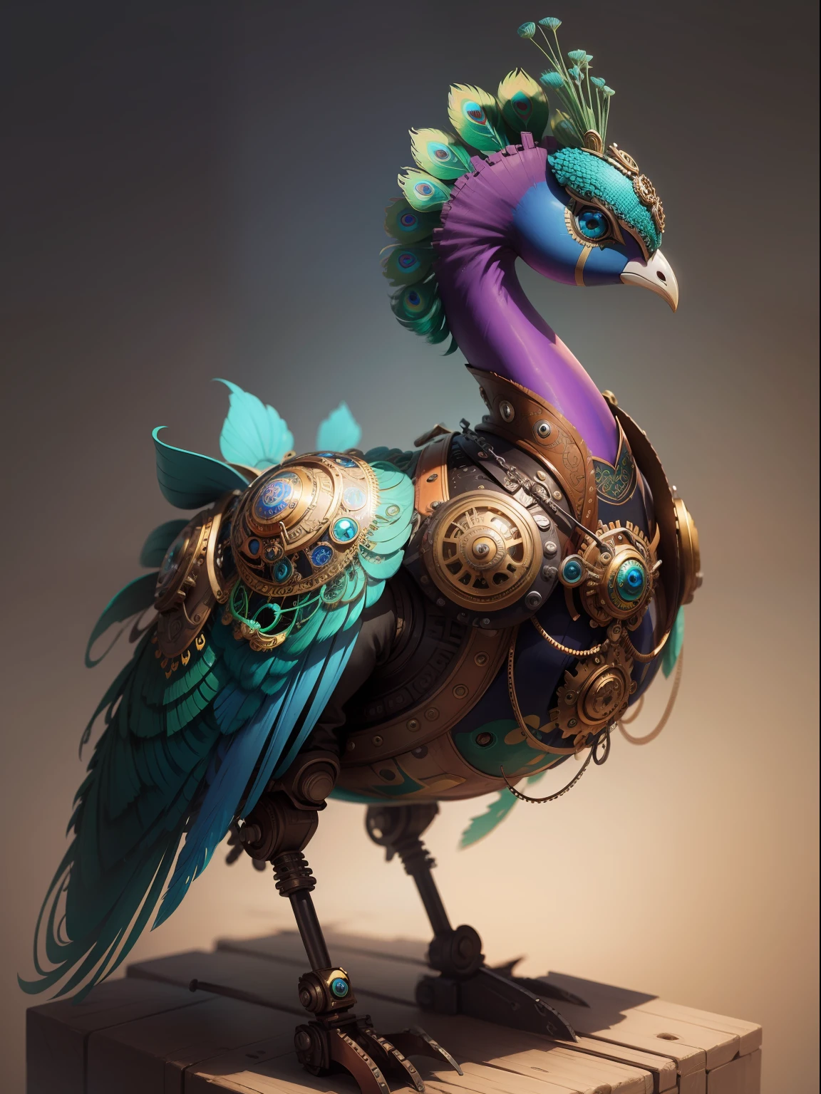 Very colorful steampunk robotic peacock