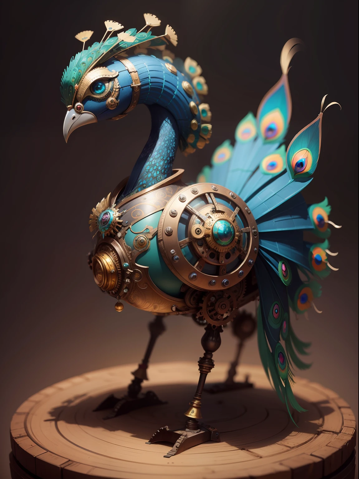 Very colorful steampunk robotic peacock