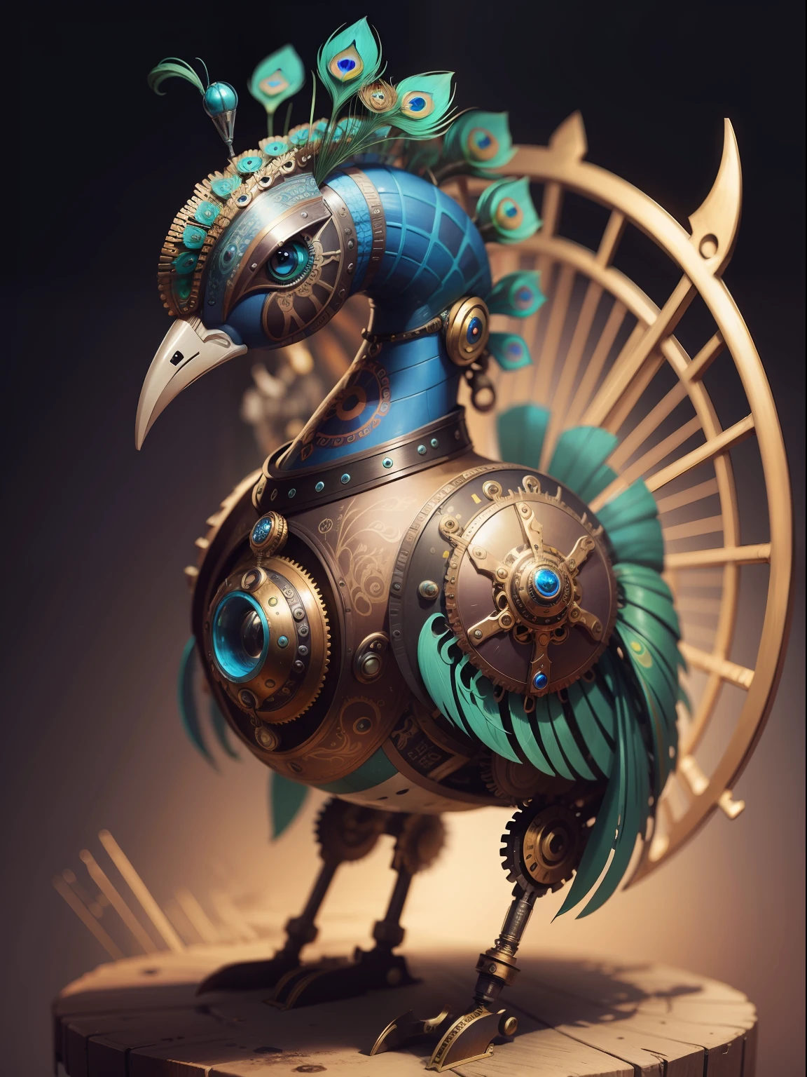 Very colorful steampunk robotic peacock