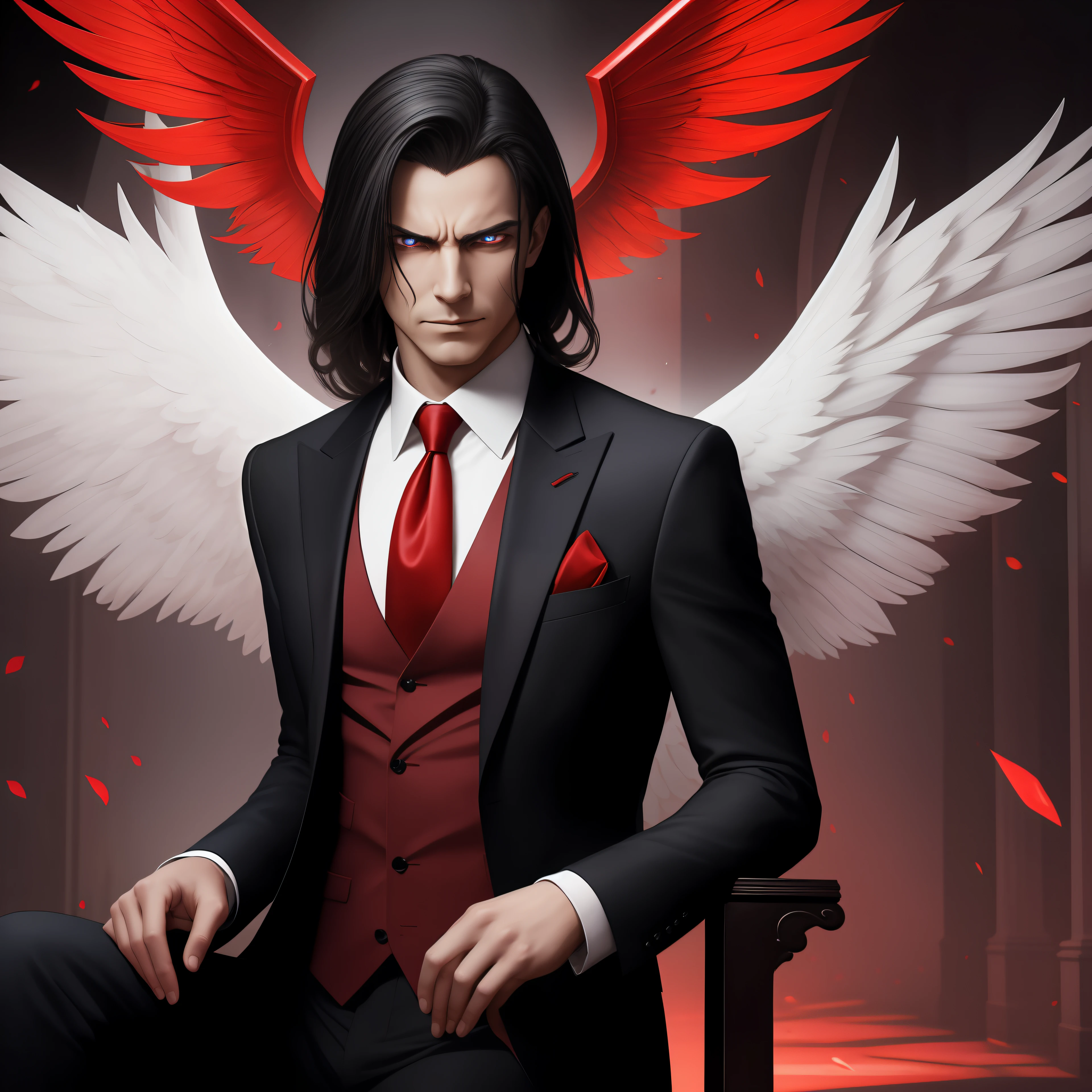 evil-eyed angel wearing a suit with a red tie, church, blood on his hands, white wings, evil aura, "a veiled look of malice", which tries to hide a sinister intention, but with difficulty. The person has piercing eyes and a fake smile that betray their true feelings. Despite the disguise, malice is felt by others, causing discomfort and restlessness. People become alert and cautious in front of this person.