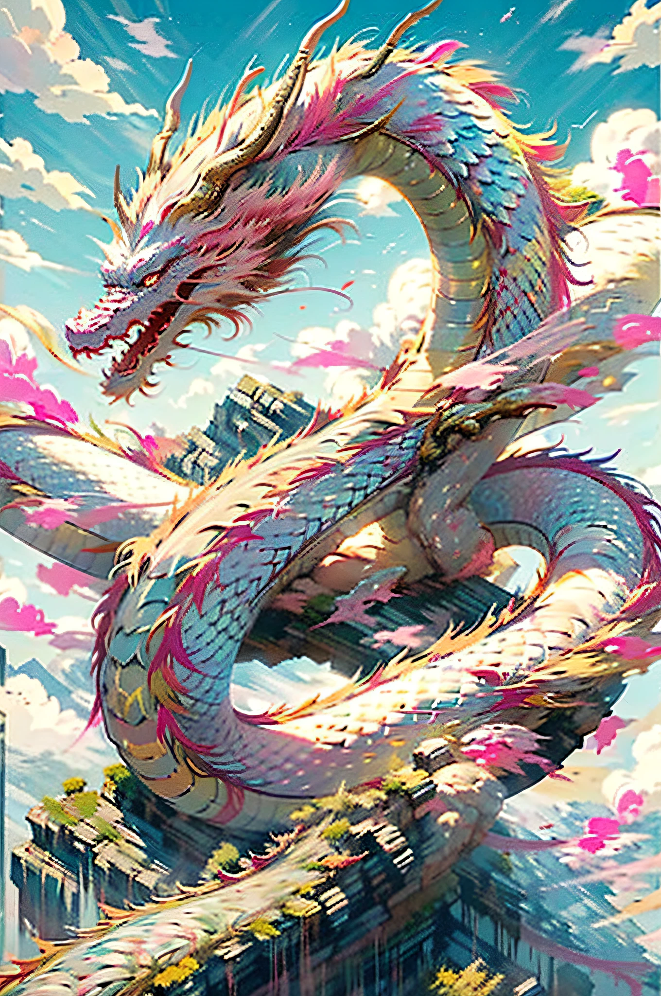Top quality, Masterpiece, 超高分辨率, (Long: 1.2), Pink Dragon, sky, Outdoor, Clouds, Sun, Mountain, Open mouth, Blue sky, teeth, scales, Sharp teeth, Horns, Shine, poison fangs, tree, Glowing eyes, landscape