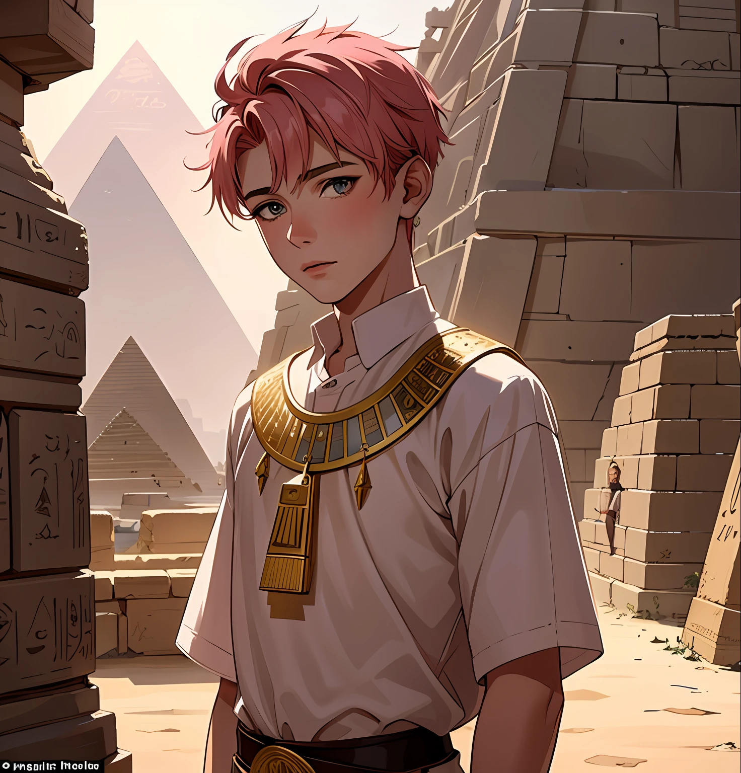 A 15-year-old boy with short pink hair is a man who has honey-colored eyes this white hanging in the background of ancient Egypt you can see the pyramids