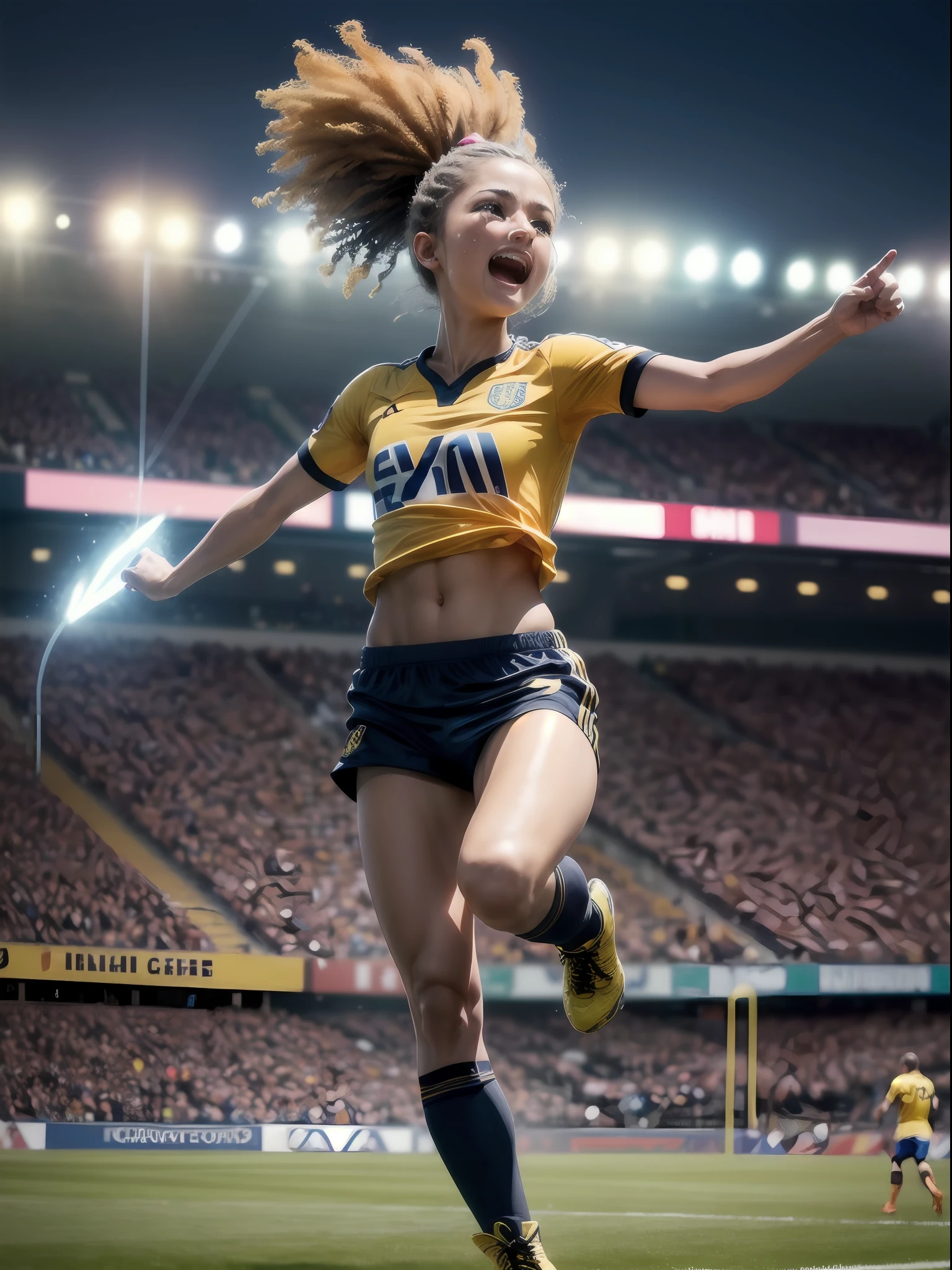 (master part, melhor qualidade, .cgi, Arte Oficial:1.4), (gato amarelo de botas jogando futebol:1.3), (vestindo um uniforme de futebol amarelo vibrante:1.2), (Sony Alpha 1 camera, Known for capturing fast action with exceptional detail:1.3), (emparelhado com o Sony FE 70-200mm f/2.8 GM lenses for sharp and accurate photos:1.3), (O gato amarelo de botas no meio do chute, mostrando agilidade e habilidade:1.2), (A bola de futebol no campo verde, congelado em movimento:1.2), (the stadium crowd cheering and waving flags in the background:1.1), (a pele do gato amarelo de botas babando na brisa enquanto corre:1.1), (seus olhos se concentraram atentamente na bola:1.1), (the camera capturing the emotion of the moment with clarity and precision:1.1), (o gramado detalhado do campo de futebol, marcado com linhas brancas:1.1), (the stadium lights illuminating the scene with a warm glow:1.2), (as cores vibrantes das camisas da torcida criando uma atmosfera animada:1.1), (a sense of movement and energy as the yellow cat in boots engages in the game:1.1), (the rendering .cgi mostrando cada detalhe da cena:1.1), (the expressions of emotion and joy of the fans when watching the match:1.1), (a dynamic angle capturing the action from an exciting perspective:1.1), (um momento congelado no tempo, Epitomizing the spirit of football:1.1), cinemactic, hiper-detalhado, detalhes insanos, Lindamente colorido, Motor irreal, DOF, Super-Resolution, Megapixel, cinematographic lightning, antialiasing, FKAA, TXAA, RTX, SSAO, Post processing, post - production, Mapeamento de tons, .cgi, VFX, SFX, Insanamente detalhado e intrincado, Hiper maximalista, hyper realistic, volumetric, fotorrealista, ultra fotorreal, ultra-detalhado, detalhes intrincados, 8k, super detalhado, Colorido, Volumetric lightning, HDR, Realistic, Motor irreal, 16k, foco nítido, Octane render --v testp