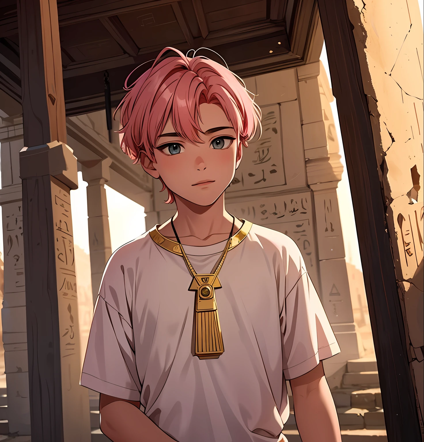 A -yeld boith short pink hair is a man who has honey-colored eyes this white hanging in the background of ancient Egypt you can see the pyramids