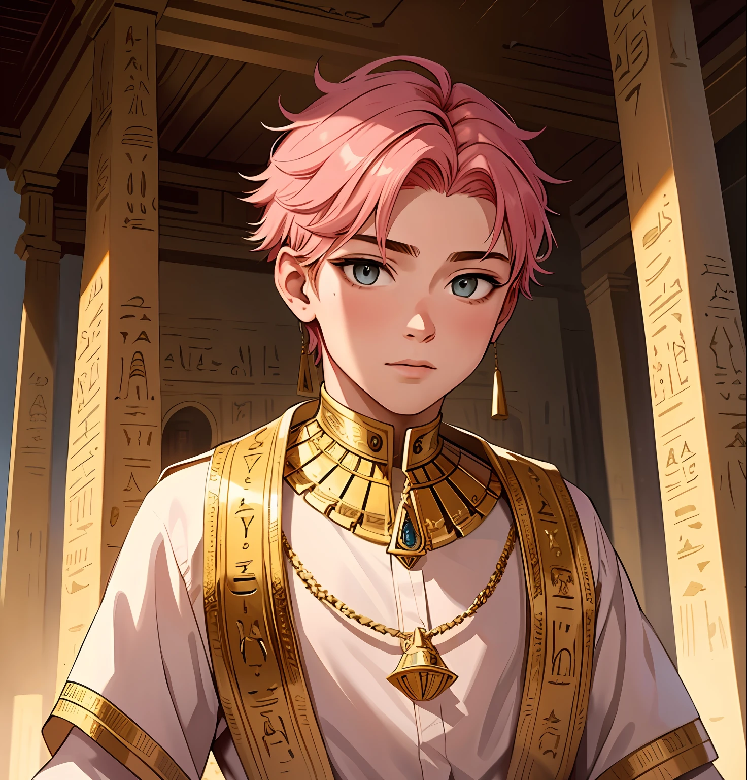 A -yeld boith short pink hair is a man who has honey-colored eyes this white hanging in the background of ancient Egypt you can see the pyramids