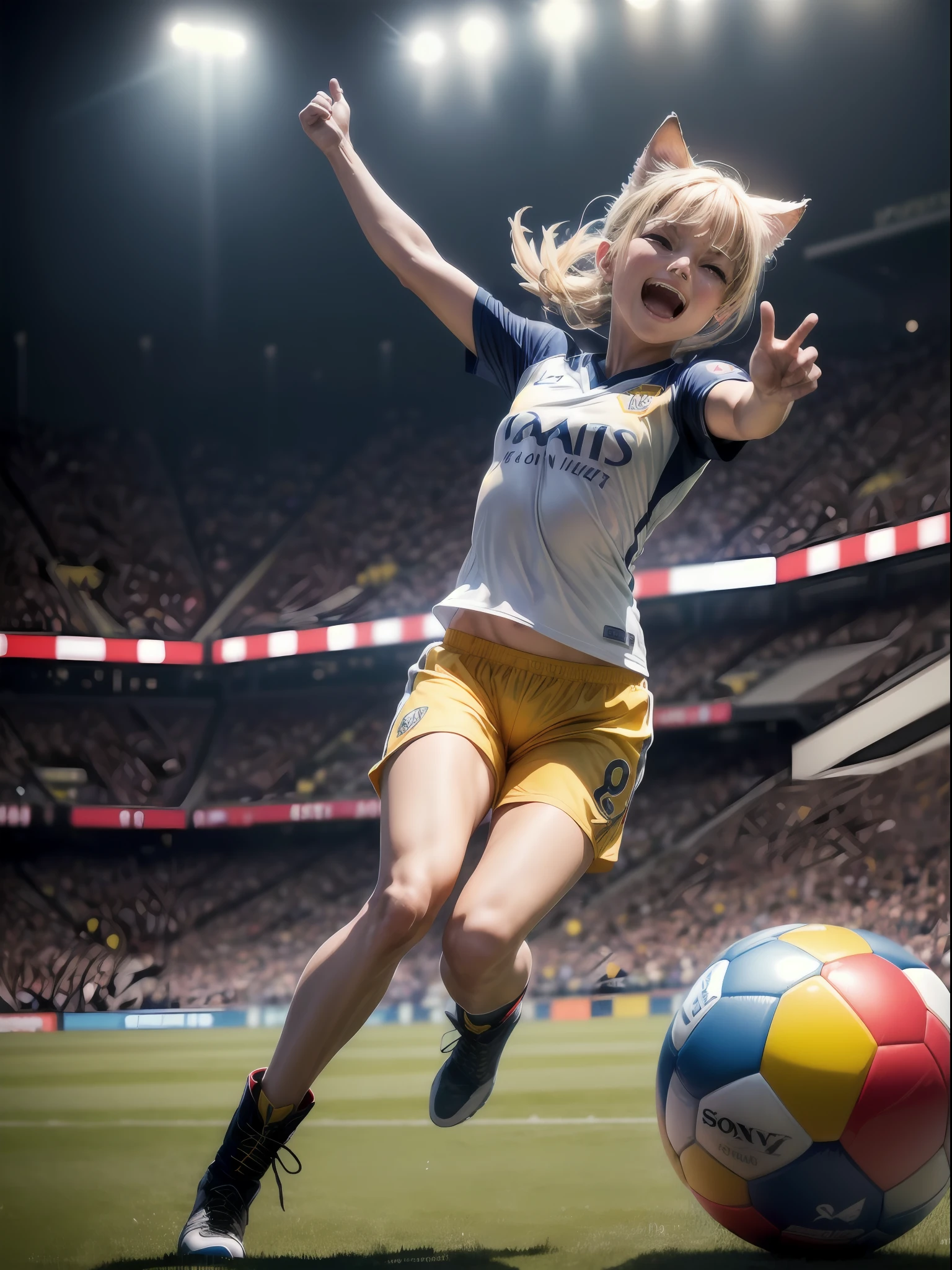 (master part, melhor qualidade, .cgi, Arte Oficial:1.4), (gato amarelo de botas jogando futebol:1.3), (vestindo um uniforme de futebol amarelo vibrante:1.2), (Sony Alpha 1 camera, Known for capturing fast action with exceptional detail:1.3), (emparelhado com o Sony FE 70-200mm f/2.8 GM lenses for sharp and accurate photos:1.3), (O gato amarelo de botas no meio do chute, mostrando agilidade e habilidade:1.2), (A bola de futebol no campo verde, congelado em movimento:1.2), (the stadium crowd cheering and waving flags in the background:1.1), (a pele do gato amarelo de botas babando na brisa enquanto corre:1.1), (seus olhos se concentraram atentamente na bola:1.1), (the camera capturing the emotion of the moment with clarity and precision:1.1), (o gramado detalhado do campo de futebol, marcado com linhas brancas:1.1), (the stadium lights illuminating the scene with a warm glow:1.2), (as cores vibrantes das camisas da torcida criando uma atmosfera animada:1.1), (a sense of movement and energy as the yellow cat in boots engages in the game:1.1), (the rendering .cgi mostrando cada detalhe da cena:1.1), (the expressions of emotion and joy of the fans when watching the match:1.1), (a dynamic angle capturing the action from an exciting perspective:1.1), (um momento congelado no tempo, Epitomizing the spirit of football:1.1), cinemactic, hiper-detalhado, detalhes insanos, Lindamente colorido, Motor irreal, DOF, Super-Resolution, Megapixel, cinematographic lightning, antialiasing, FKAA, TXAA, RTX, SSAO, Post processing, post - production, Mapeamento de tons, .cgi, VFX, SFX, Insanamente detalhado e intrincado, Hiper maximalista, hyper realistic, volumetric, fotorrealista, ultra fotorreal, ultra-detalhado, detalhes intrincados, 8k, super detalhado, Colorido, Volumetric lightning, HDR, Realistic, Motor irreal, 16k, foco nítido, Octane render --v testp
