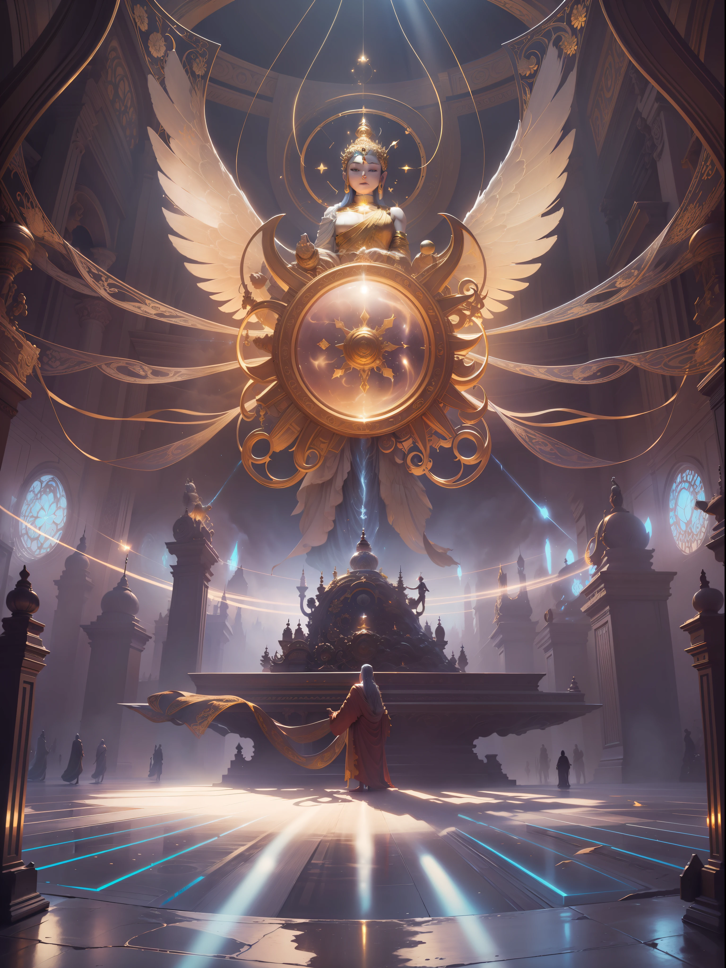 Picture quality:High detail masterpiece 8k high resolution body content:1girl wide angle lens wearing dress,The chest is not shown,Exudes magic,long leges,The hand is surrounded by a blue halo,Exudes an aura of majesty and wisdom,Spread the golden mechanical wings behind the back,The wings radiate,Hands are a gesture of magic,Behind him is the mysterious super large Dharma Phase Golden Wheel Golden Light,Countless glowing quicksand swirl around the figure,Divine sense top light,The feeling of being high,The interweaving of gods and technology background:A dazzling and brilliant void,Brilliant with gold,Mantra style environment:fanciful,full of sunlight,The Buddha is full of light,utopian,The ethereal atmosphere of the Holy Country bathed in the light of the sky:Hopeful,Divine piety,Endless coercion,a sense of mystery, lamplight:sun light,Strong sunshine,Tech beams,Magic beam,The fantasy of the future world is intertwined with reality,Divine light color:Infused with ethereal hues and luminous gold tones,White gold color,High purity color, composition:Wide angle composition,Overlooking/Bird's eye view Style reference:Inspired by the work of Alan Lee and John Howe