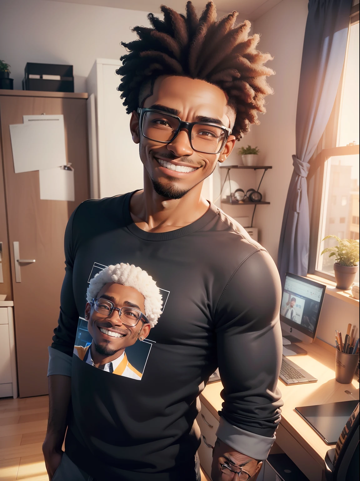 personagem de desenho animado 3d, in a room in the office, Black man with glasses, (afetos faciais detalhados) (((Homem))), como um personagem pixar, majo, afro, machine-cut hair and chin hole, (((Sympathetic smile))), imagem renderizada