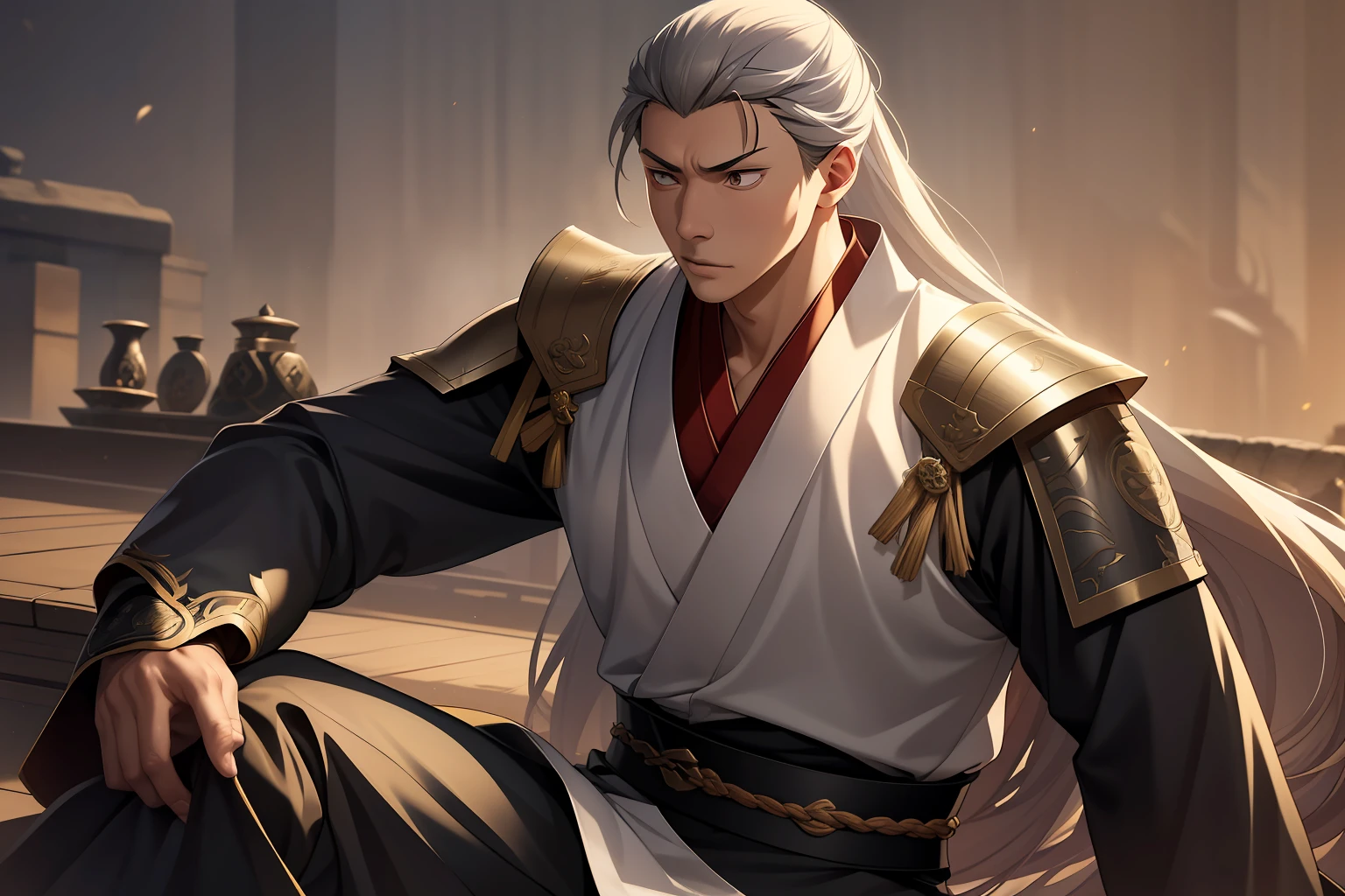 Male Warrior,style of anime,Ray traching,High-quality CG rendering,Lots of details,Refine the details,Black eyes,long white hair,Handsome,juvenile sense,Black Hanfu,kaftan,Light and shadow tracking,Neck details,Long sleeves with collar,Swordsmanship,The background is complex,a sense of atmosphere