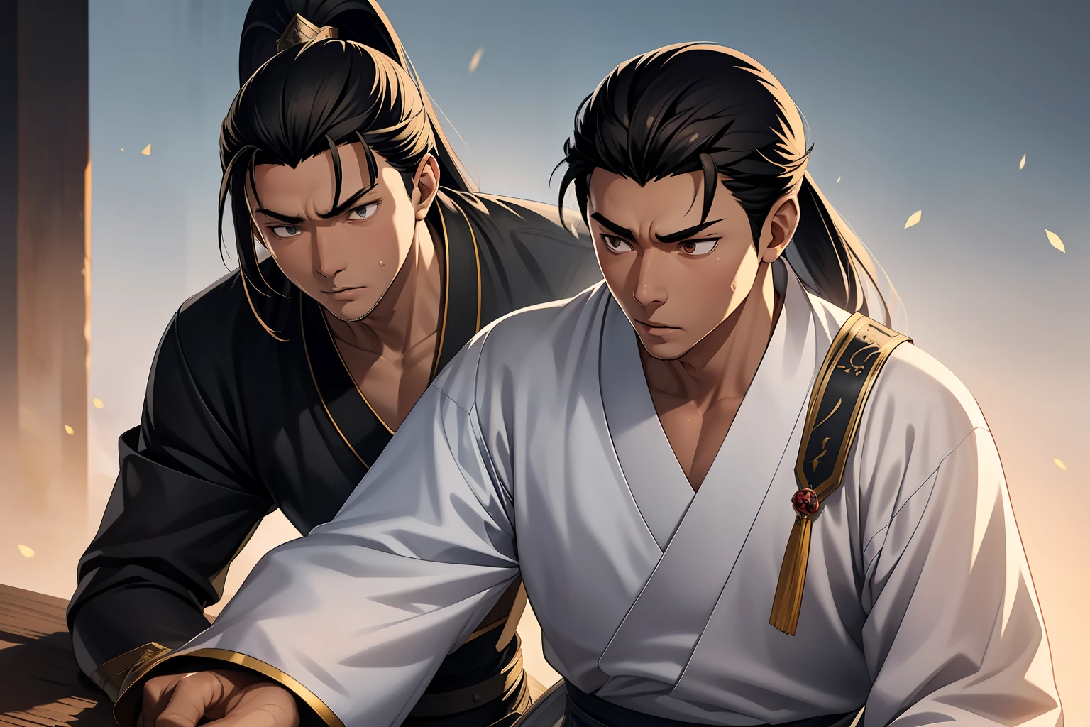 Male Warrior,style of anime,Ray traching,High-quality CG rendering,Lots of details,Refine the details,Black eyes,long white hair,Handsome,juvenile sense,Black Hanfu,kaftan,Light and shadow tracking,Neck details,Long sleeves with collar,Swordsmanship,The background is complex,a sense of atmosphere