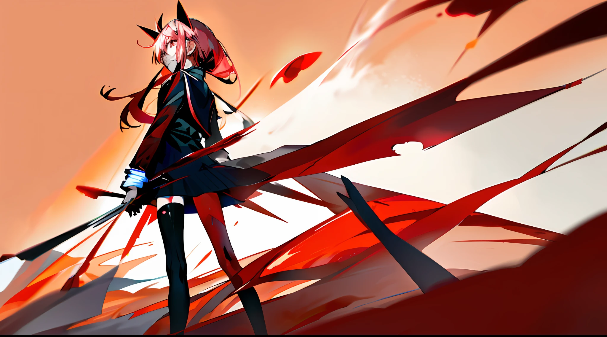 Zerotwo,DARLING in the FRANXX,Bad laughs,Blood red eyeshadow,black lence stockings,校服,sakura flowers falling,Back Shadow,the setting sun