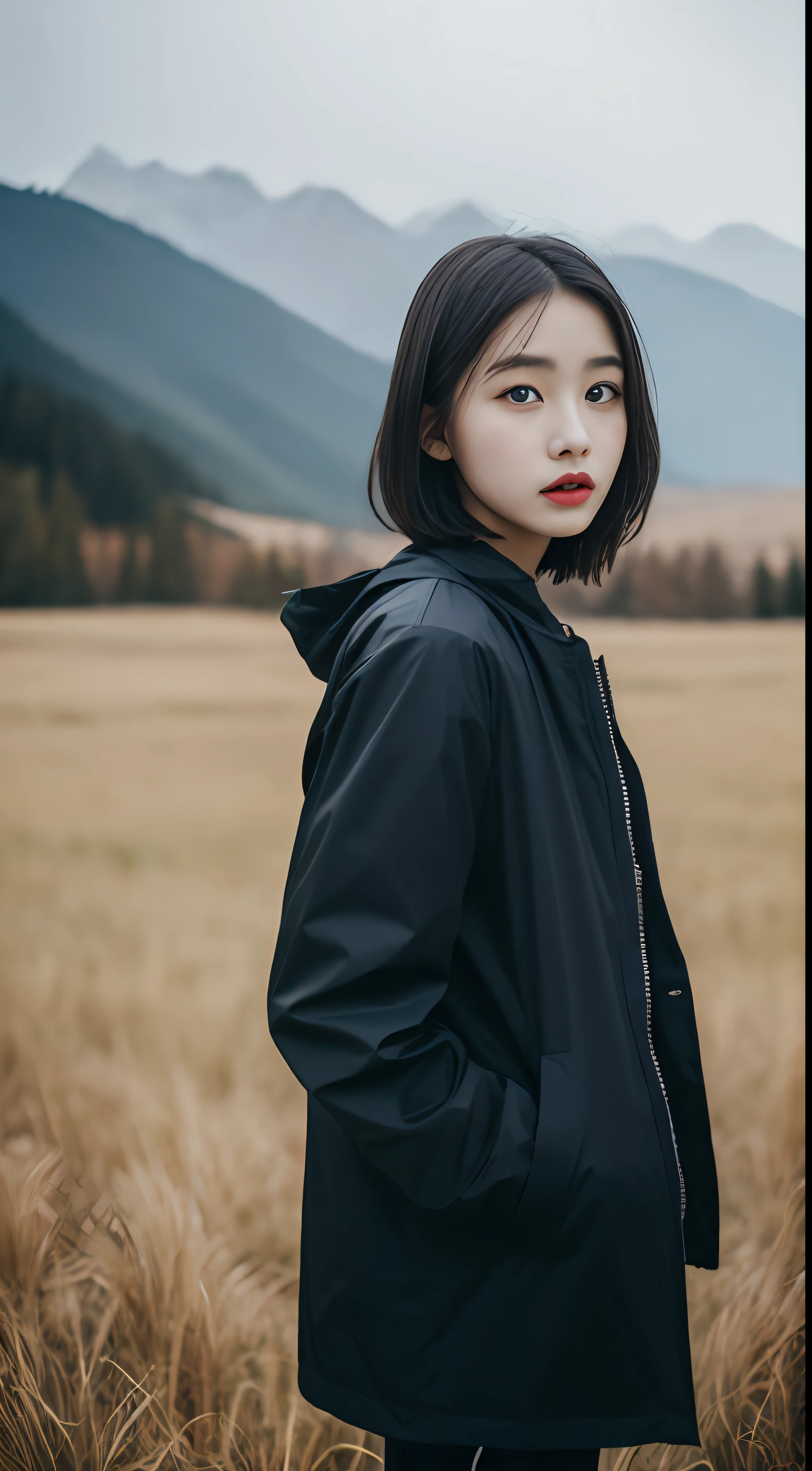 one-girl，(of a real:1.5)，Black color hair,Kizi，Wear a windproof jacket，（snow mountains：1.5），grassy fields，emaciated，18yr old