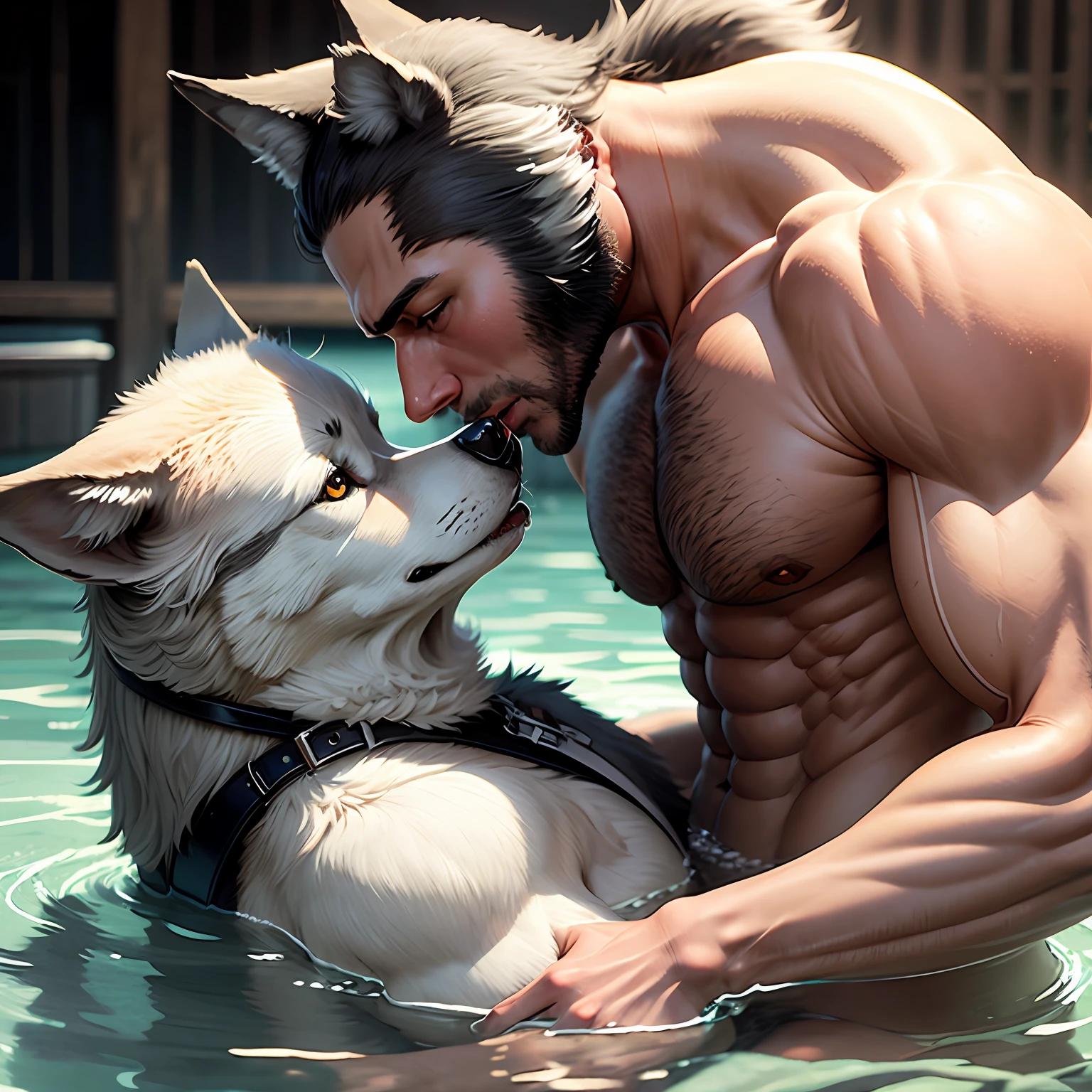 Wolf dog tie muscle man inch head summer bath gray hair kissing