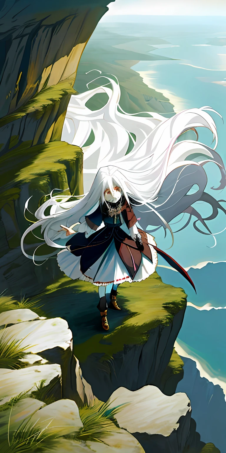 (tmasterpiece,best qualtiy),1 girl with long white hair,The expression is terrified,standing on the edge of the cliff