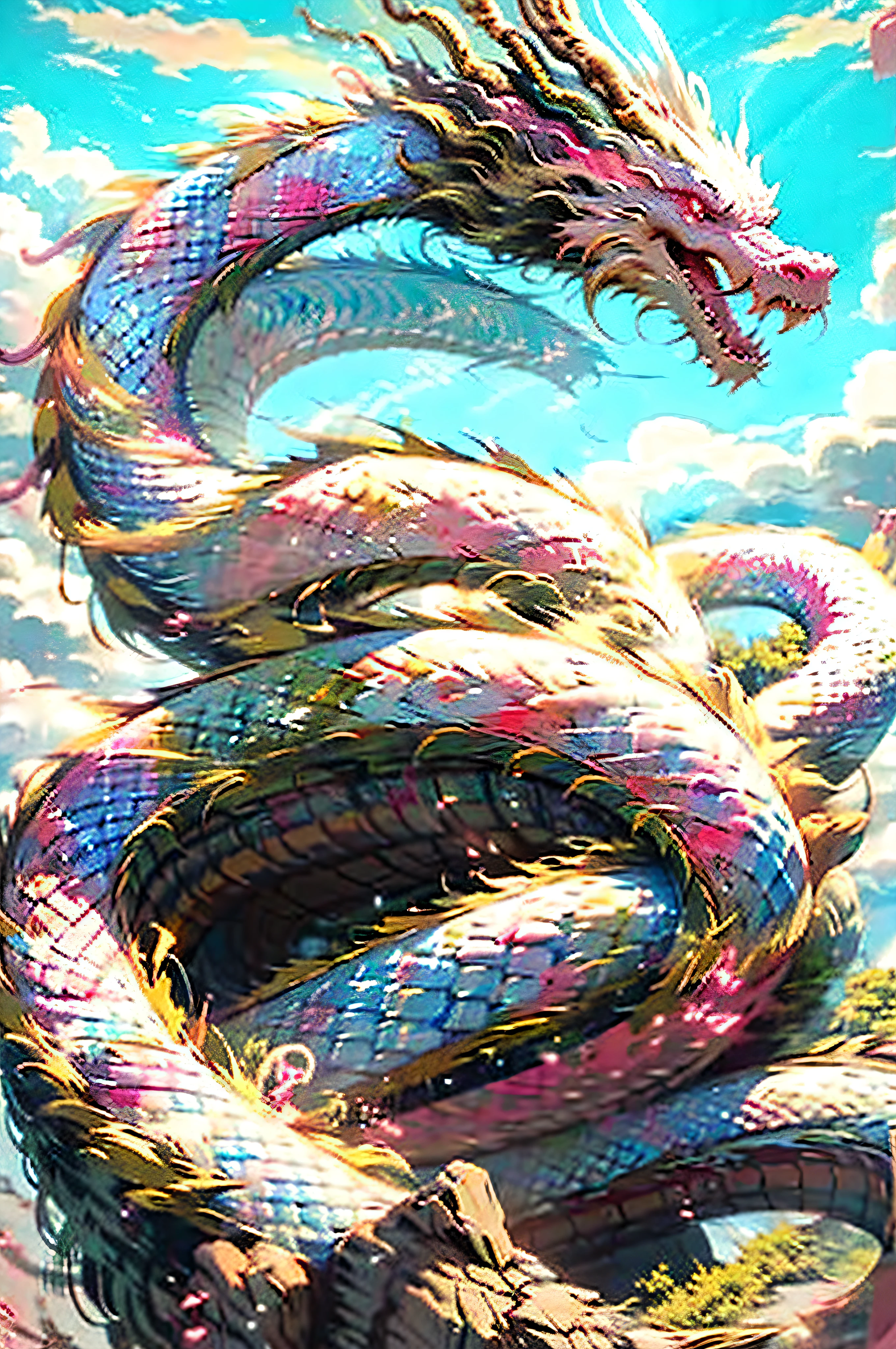 Top quality, Masterpiece, 超高分辨率, (Long: 1.2), Pink Dragon, sky, Outdoor, Clouds, Sun, Mountain, Open mouth, Blue sky, teeth, scales, Sharp teeth, Horns, Shine, poison fangs, tree, Glowing eyes, landscape