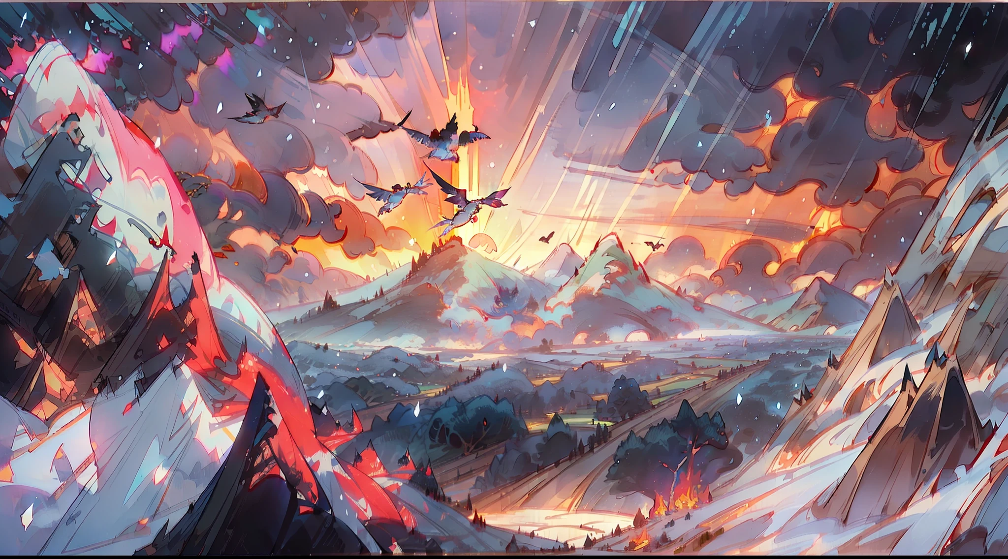 A surreal masterpiece，It presents a beautiful and spectacular view of dusk。Background of snow mountain formation，Birds fly in the sky，Accompanied by colorful sunsets and fantastic sky reflections。The beautiful sky is like a flame，dingdall effect，beautiful light，This 8K picture creates a fantastic atmosphere，Colorful clouds are suspended in it，Create surreal visual experiences