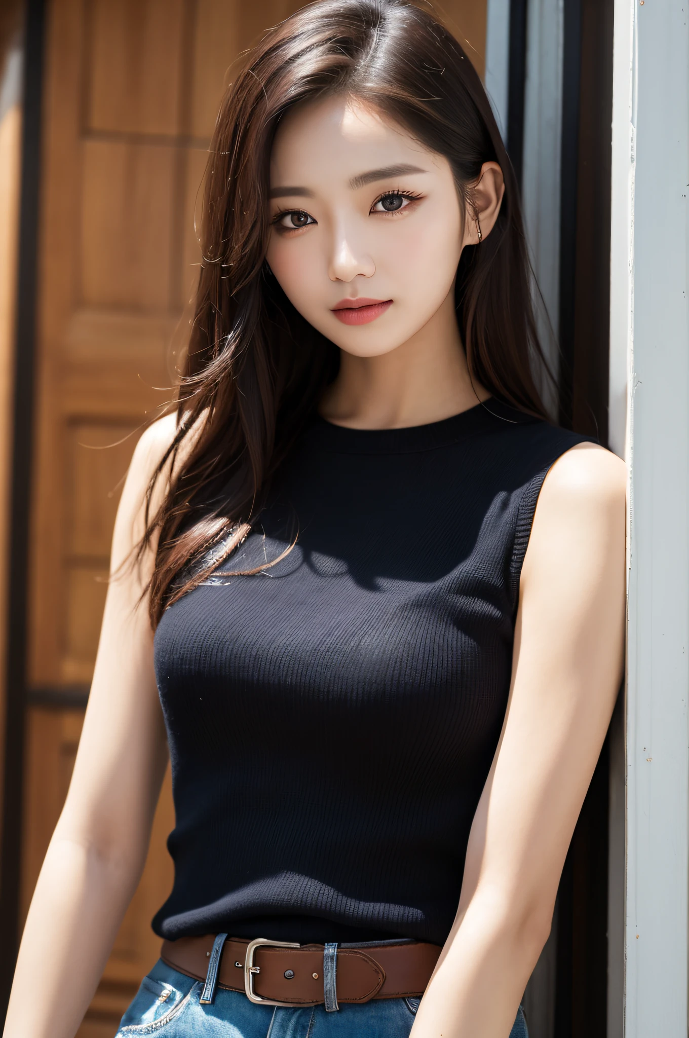 ((best qualtiy、8k masterpieces:1.3))、foco nítido:1.2、(ultra beautiful faces:1.0)、(Slender Abs Beauty:1.0)、(shinny skin:1.0)、photos realistic、A dark-haired、Video Lighting、High-definition eyes and face、Video Lighting、(cowboy  shot:1.3)、Wearing a tar-neck knitted shirt、(Korean Cute Actress)、from the front side、medium large breasts、A slight smile、Sleeveless