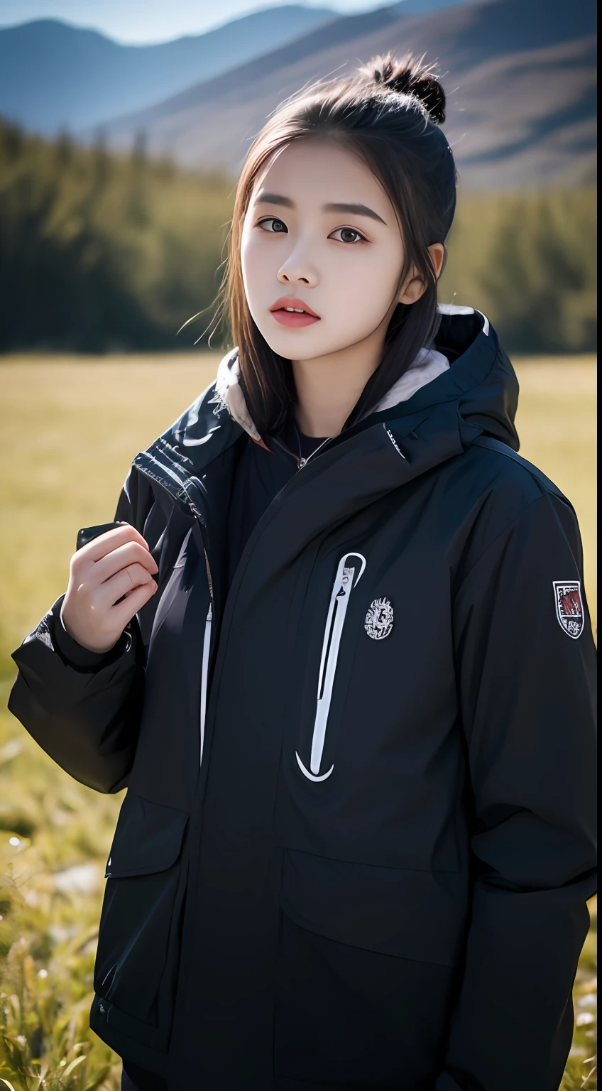 one-girl,(of a real:1.5),Black color hair,Kizi,Wear a windproof jacket,(snow mountains:1.5),grassy fields,emaciated,18yr old