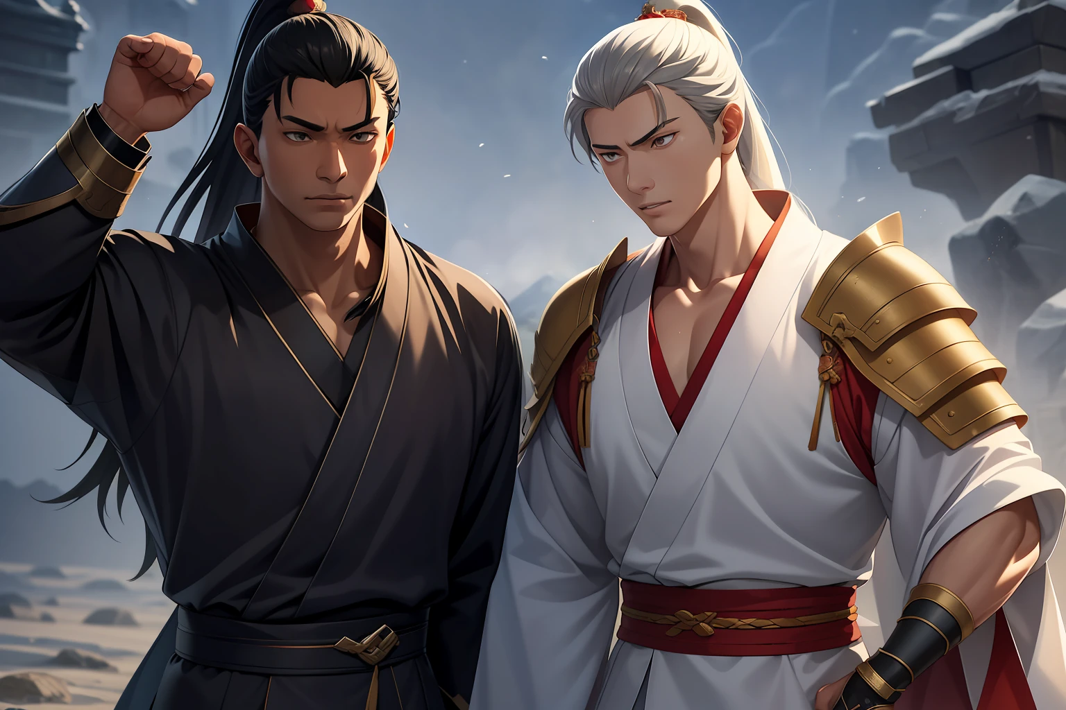 Male Warrior，style of anime，Ray traching，High-quality CG rendering，Lots of details，Refine the details，Black eyes，long  white hair，Handsome，juvenile sense，Black Hanfu，kaftan，Light and shadow tracking，Neck details，Long sleeves with collar，Swordsmanship，The background is complex，a sense of atmosphere